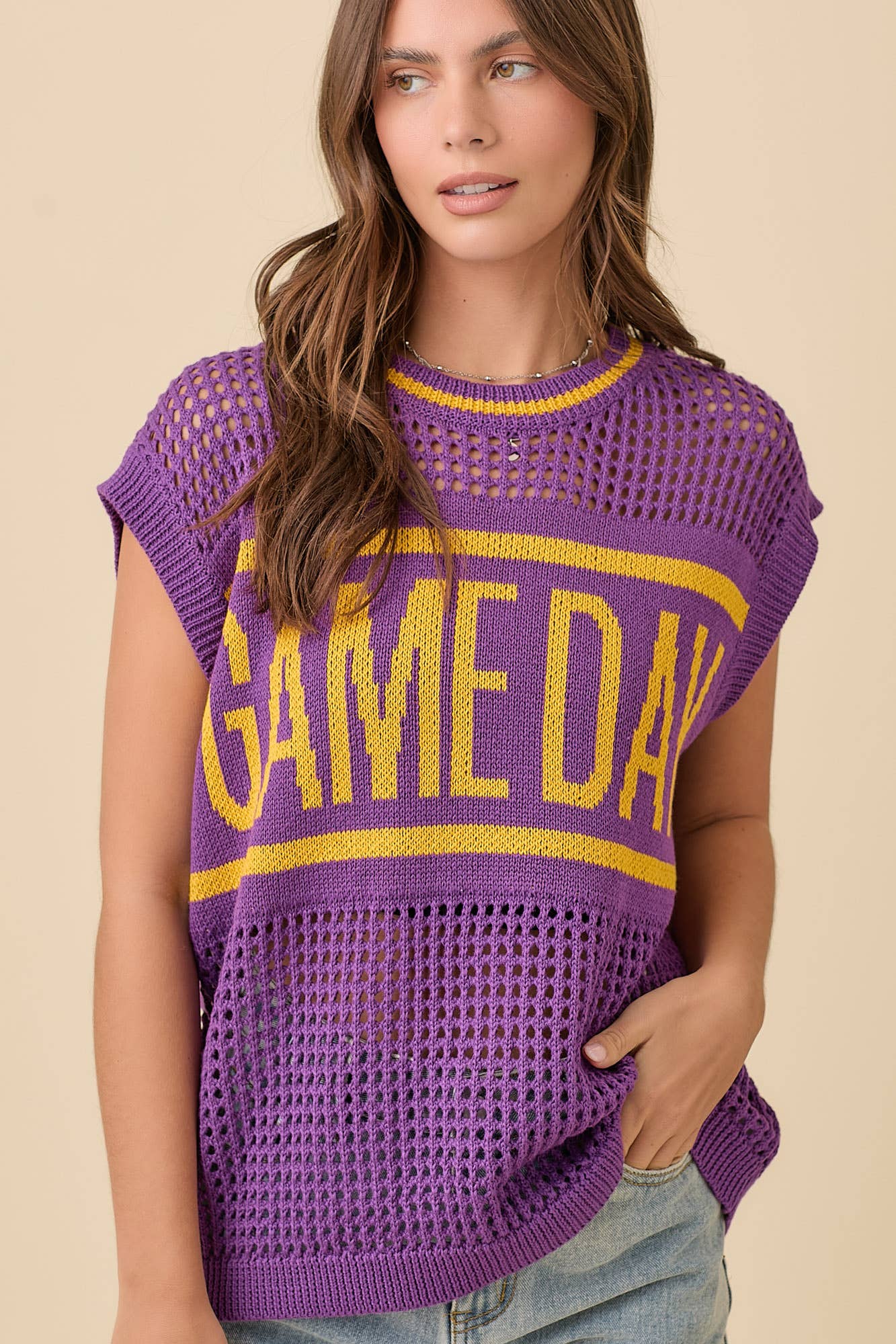Game Day Oversized Drop Shoulder Crochet Sweater Knit Top: BLACK / L