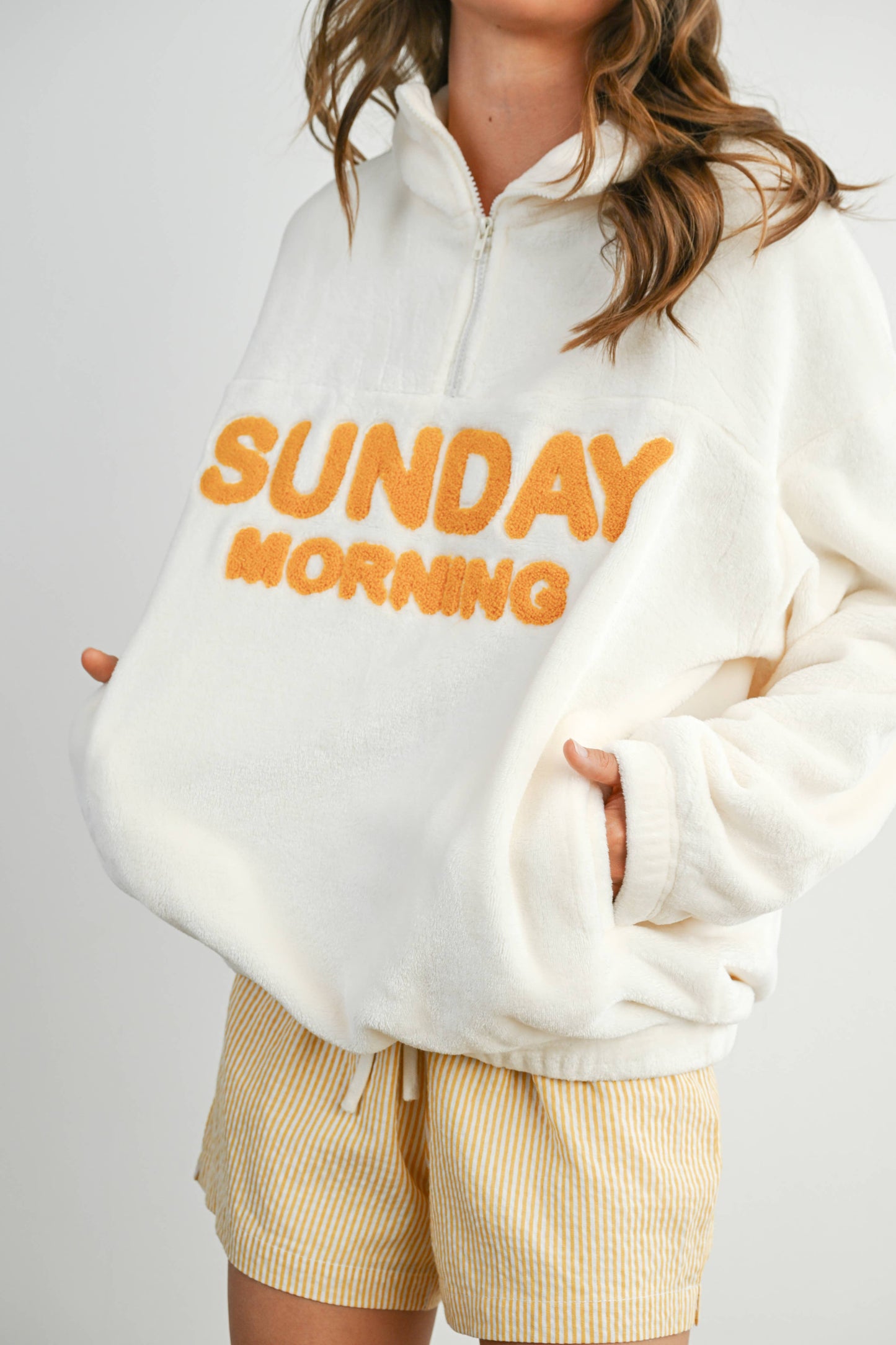 Sunday Morning Half-Zip Pullover Sweatshirt - BMT7579: IVORY / OLIVE / S