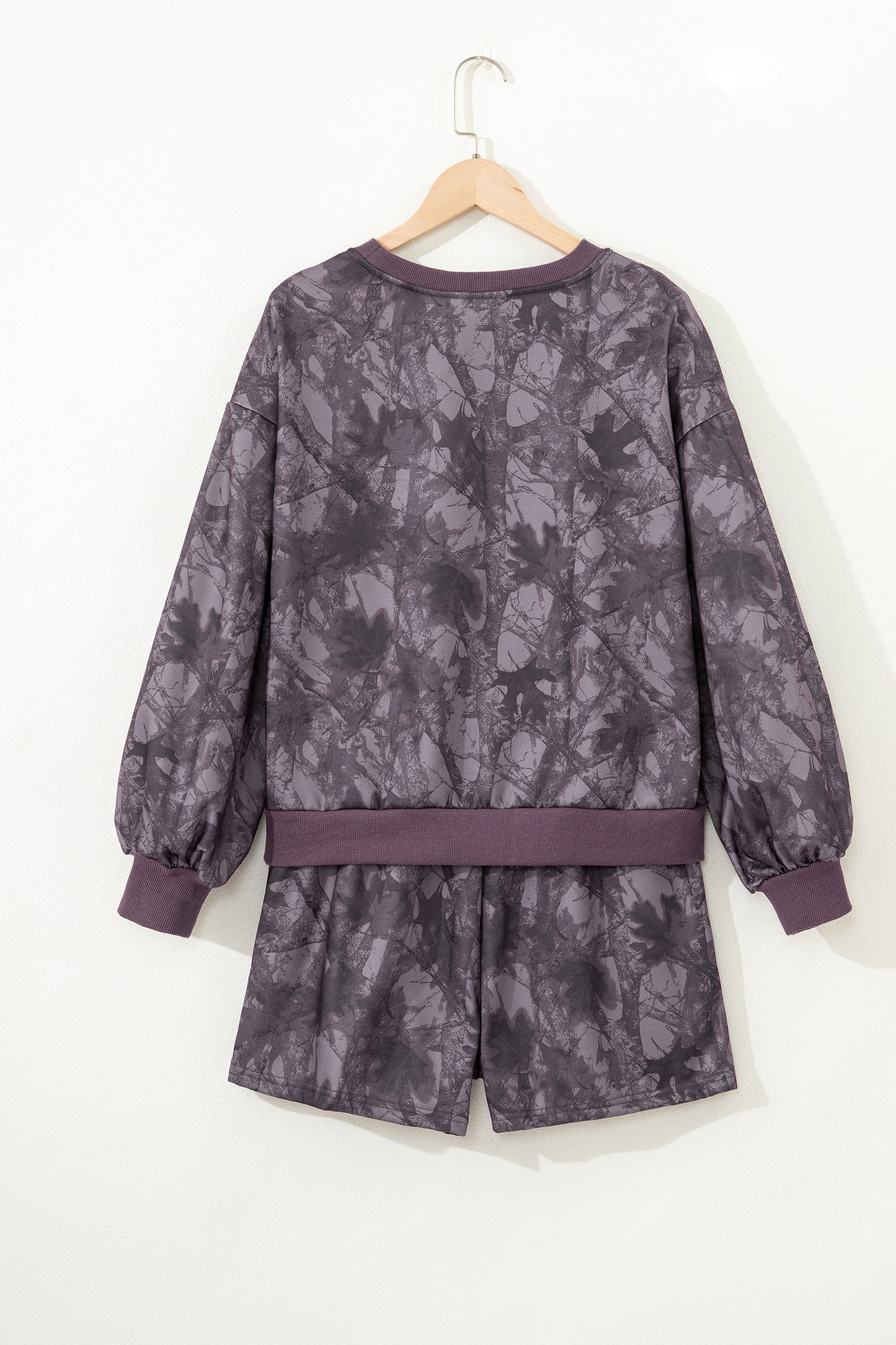 Light Grey Abstract Woodland Camo Print Baggy Pullover Drawstring Shorts Set