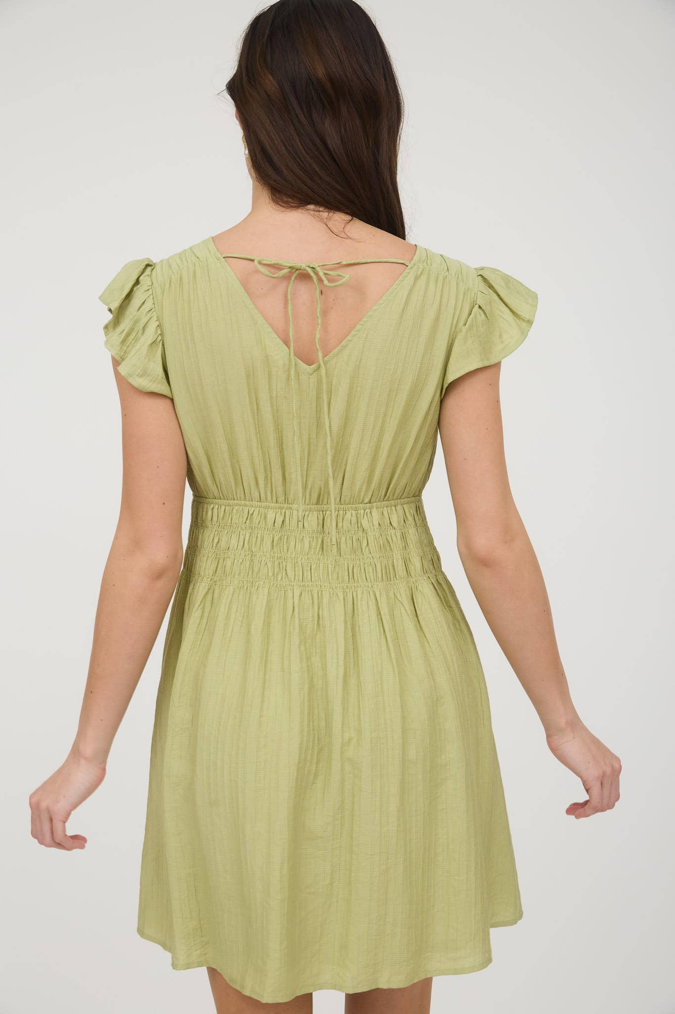 V NECK SHIRRED WAIST RUFFLE SLEEVE MINI DRESS