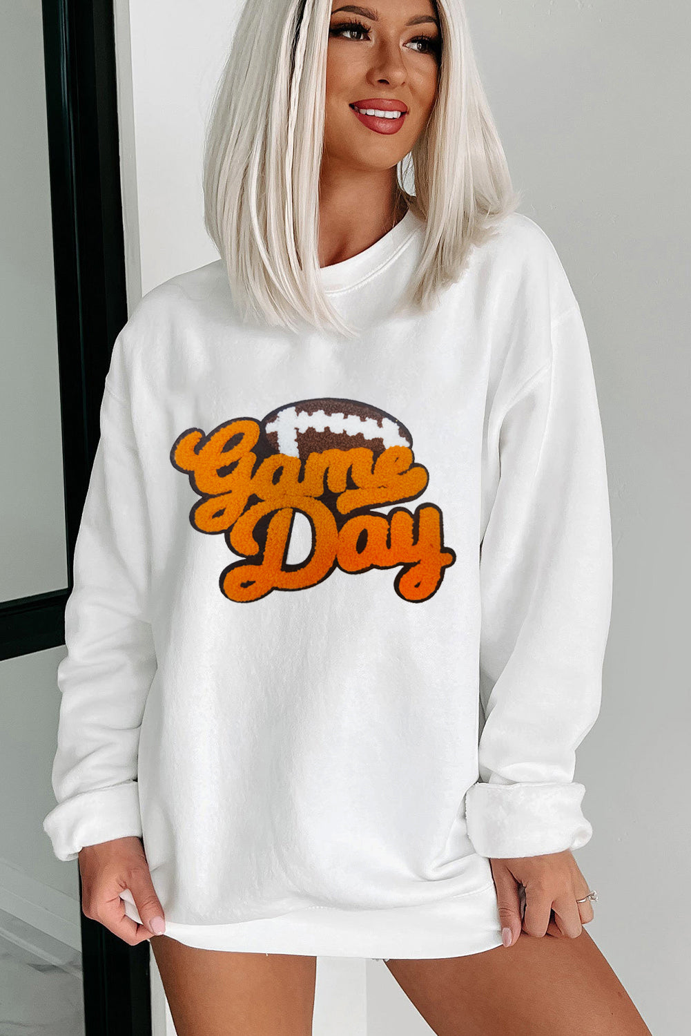 White and Orange Game Day Football Pattern Pullover Sweatshirt