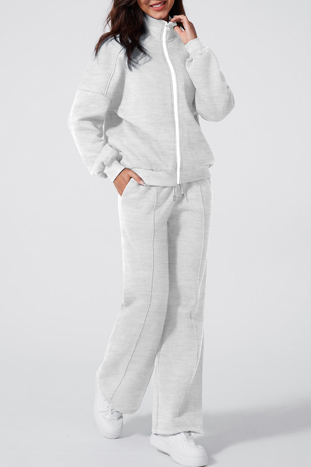 Light Grey Drop Shoulder Zip Up Jacket Drawstring Pants Active 2pcs Set