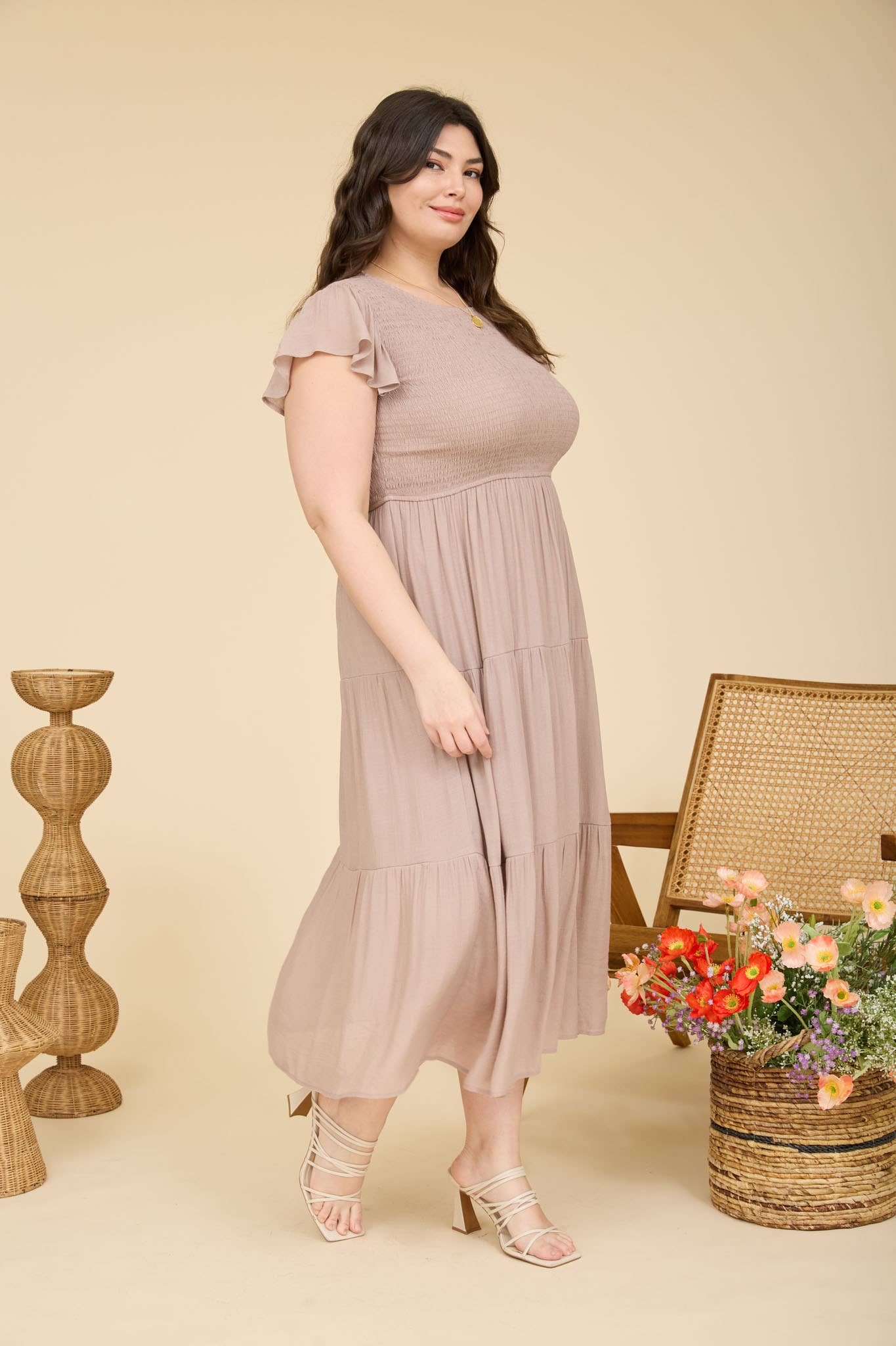 PLUS TIERED SMOCKED SHORT SLEEVE MIDI DRESS