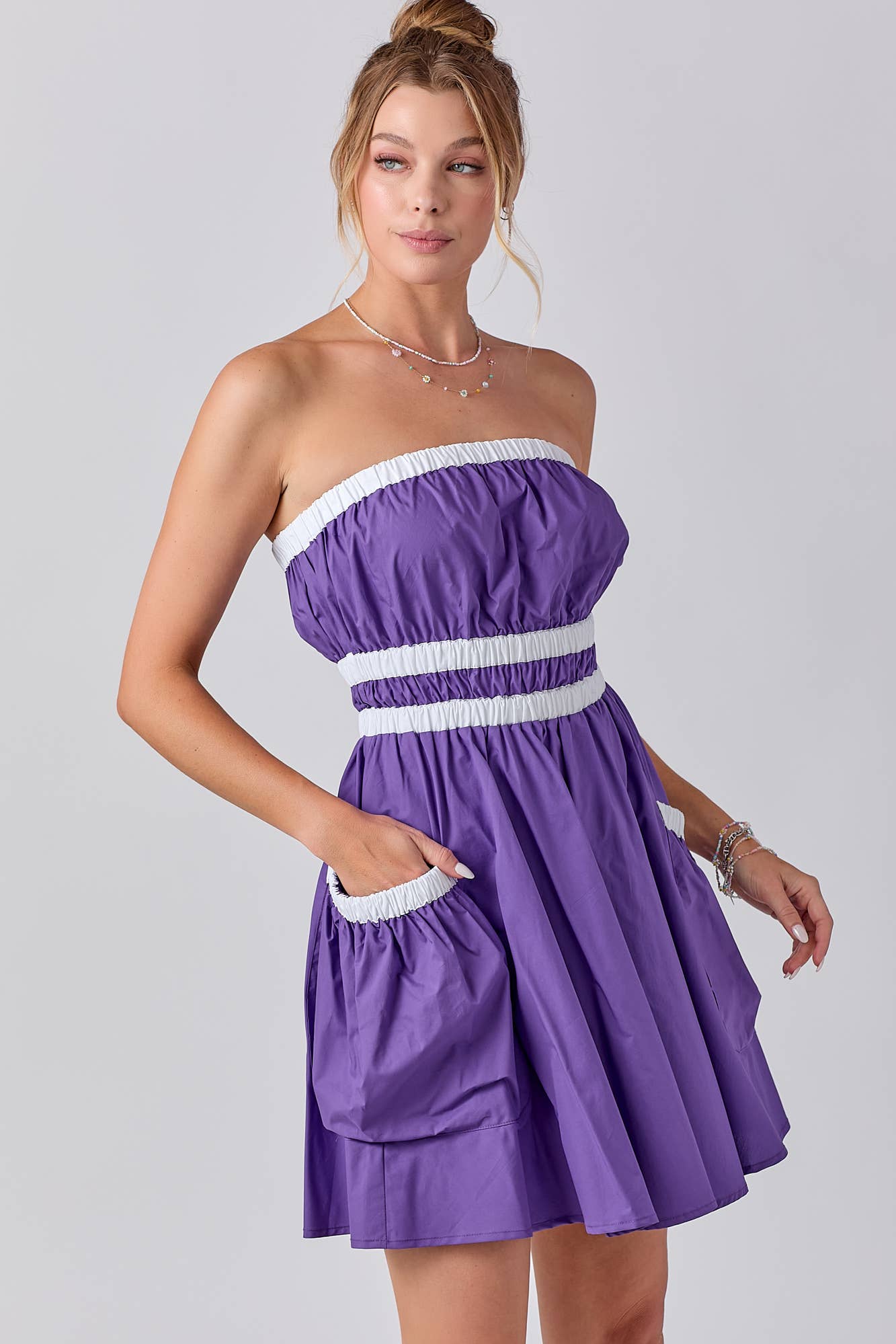 Gameday Contrast Gathered Over Sized Pocket Tube Dress : PURPLE / M
