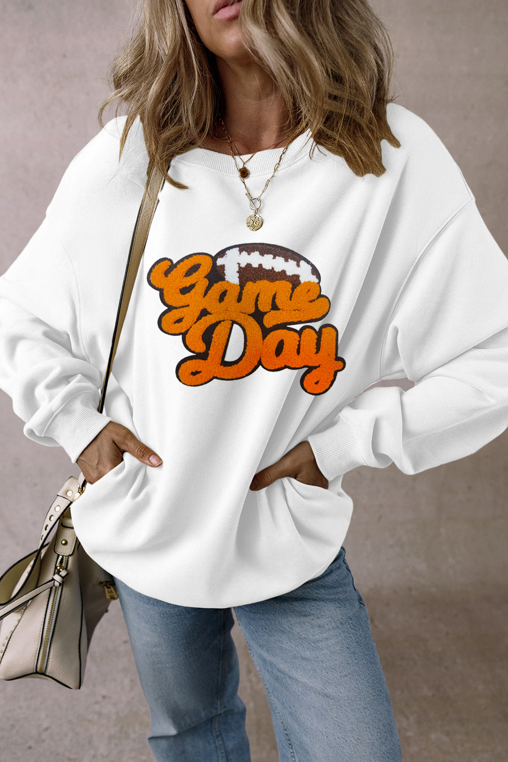 White and Orange Game Day Football Pattern Pullover Sweatshirt