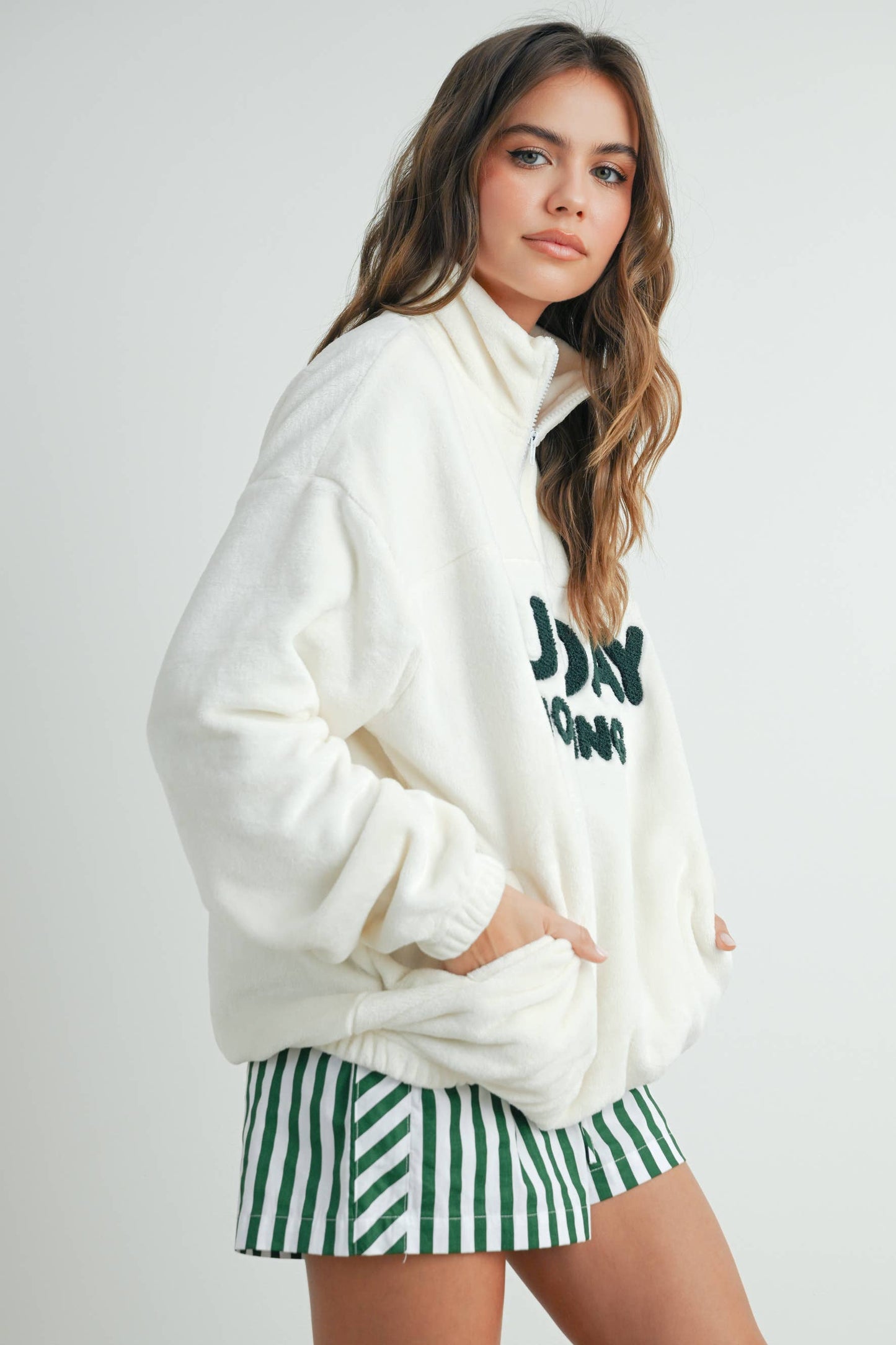 Sunday Morning Half-Zip Pullover Sweatshirt - BMT7579: IVORY / OLIVE / S