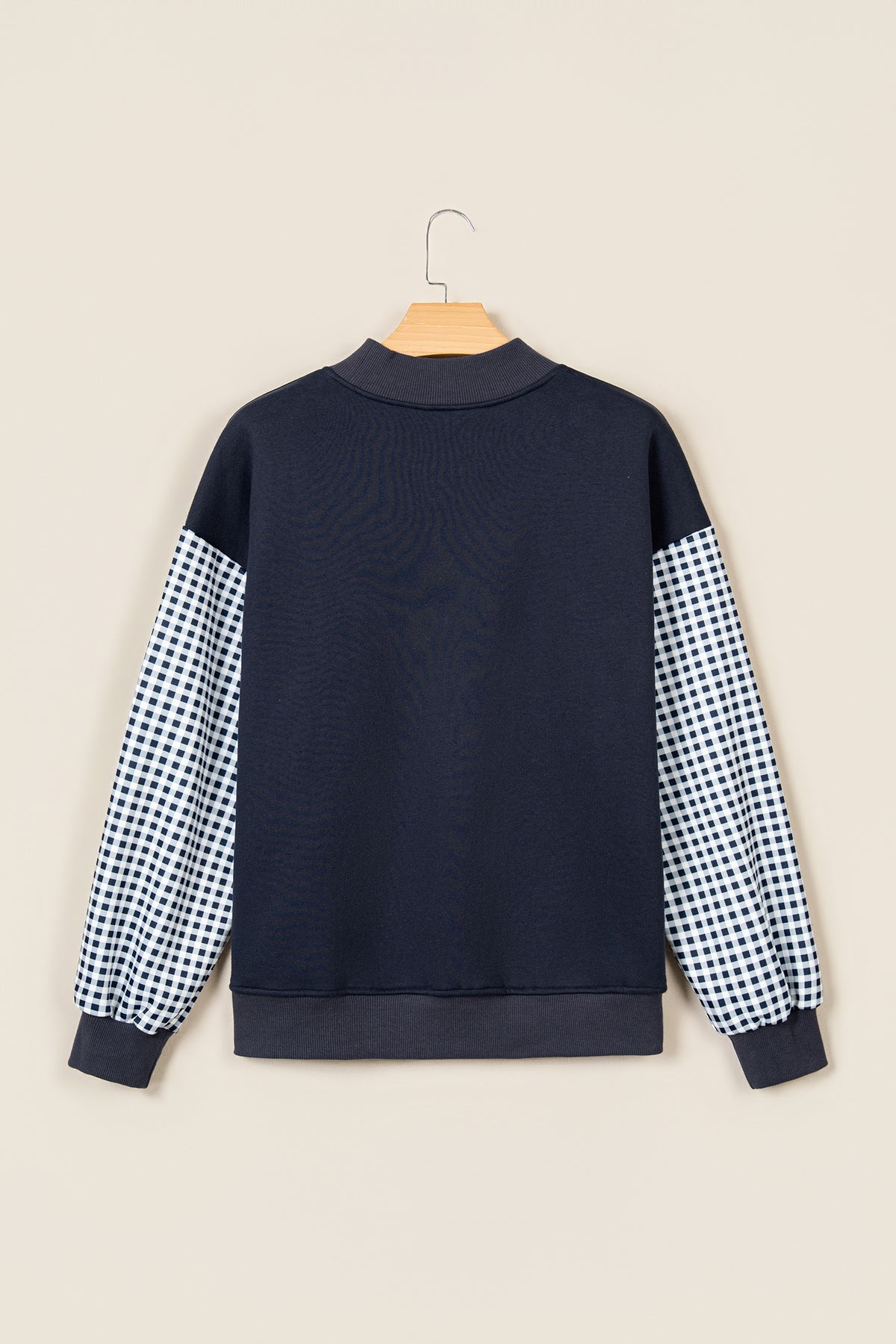 Navy Blue Plaid Sleeve Colorblock Loose Tunic Sweatshirt