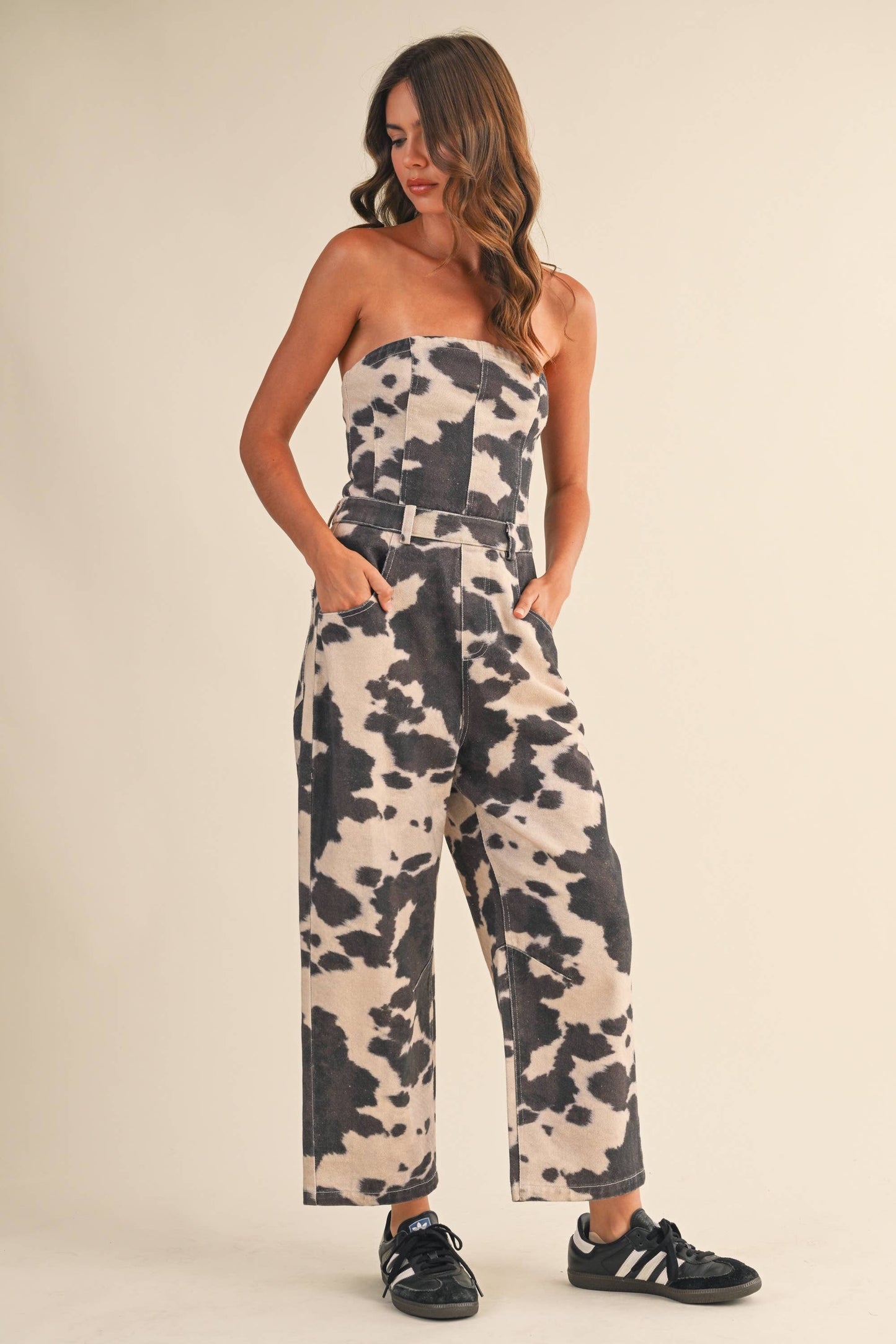 COW PRINT STRAPLESS BARREL PANTS JUMPSUIT