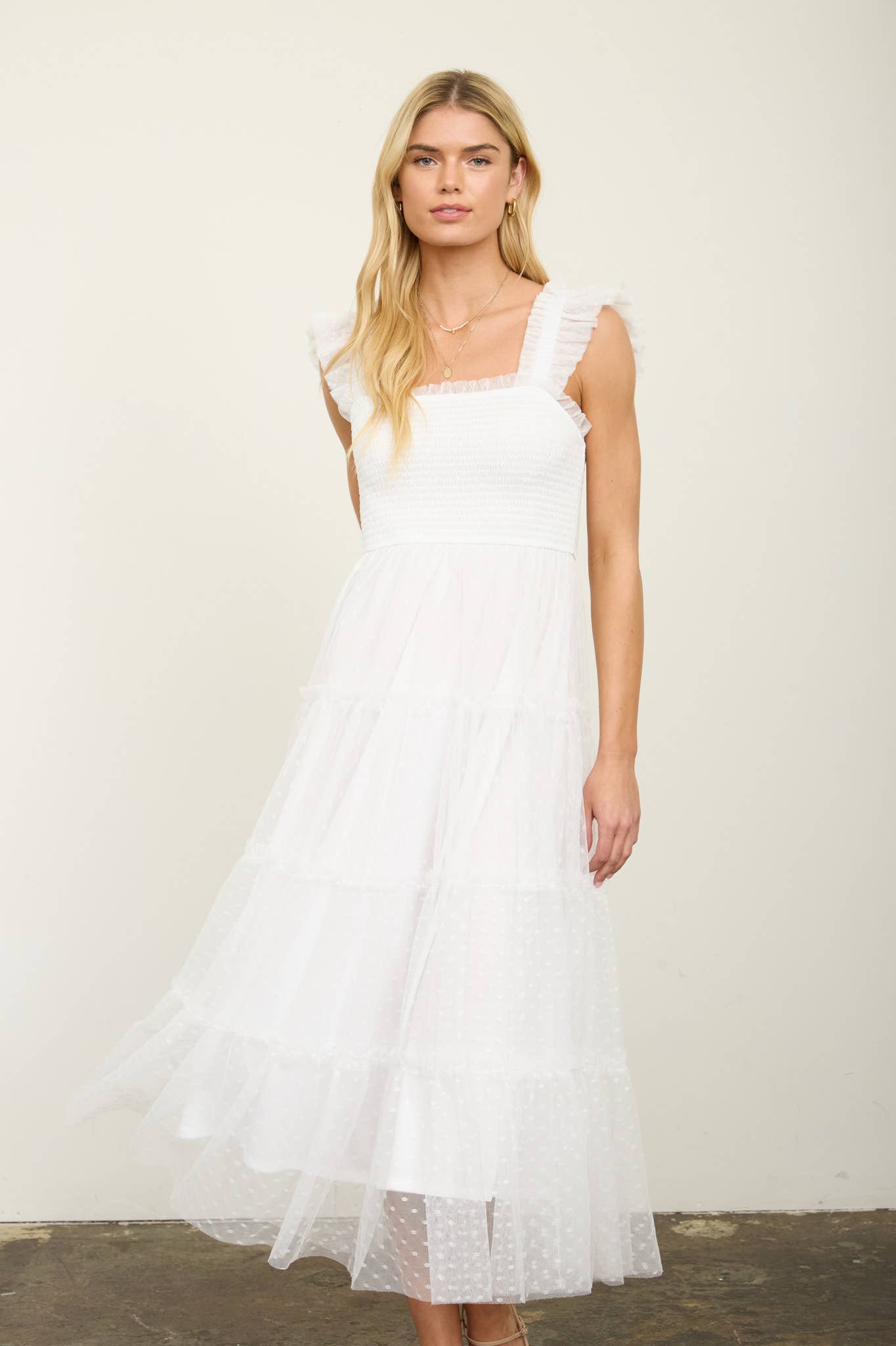 POLKA DOT CHIFFON SMOCKED TIERED MIDI DRESS
