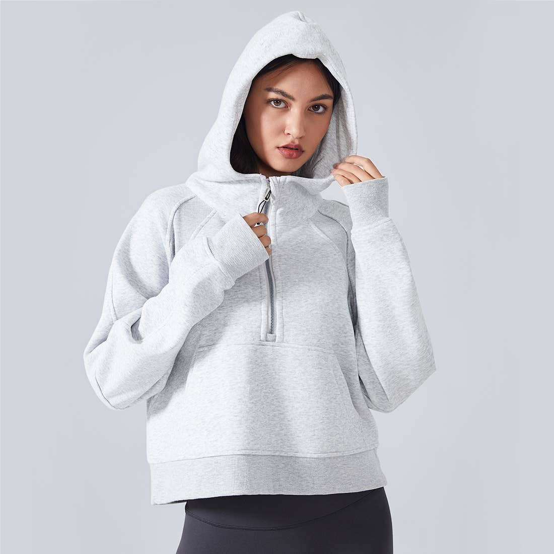 Women Fall Winter Half Zipper Sweatshirt Big Pockets Hoodie : Brown / S