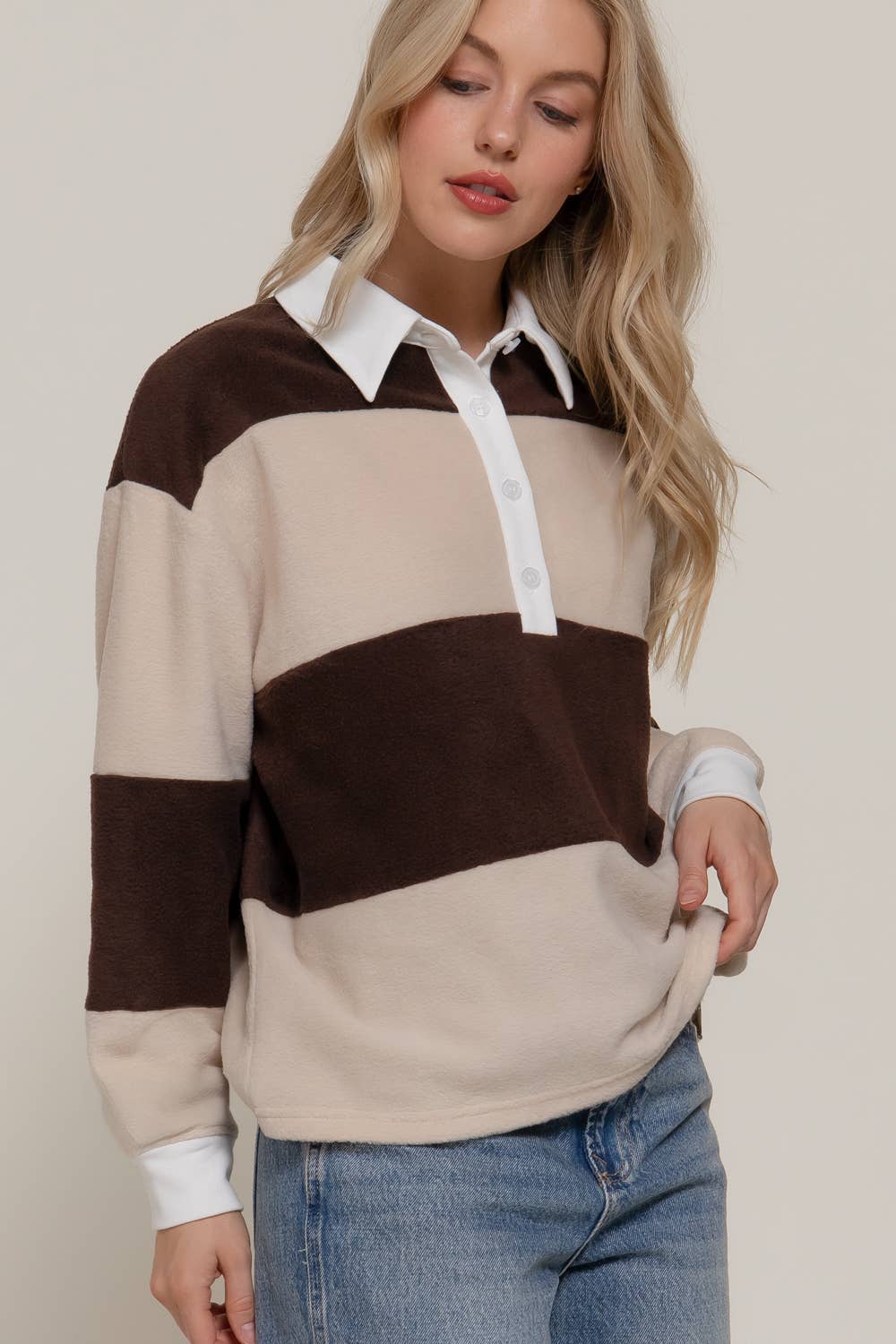 Striped Rugby Fleece Polo Top