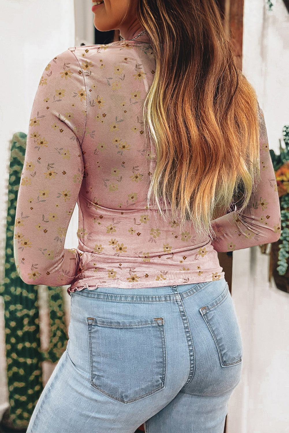 Sky Blue Vintage Floral Print Southern Style Mesh Long Sleeve Top