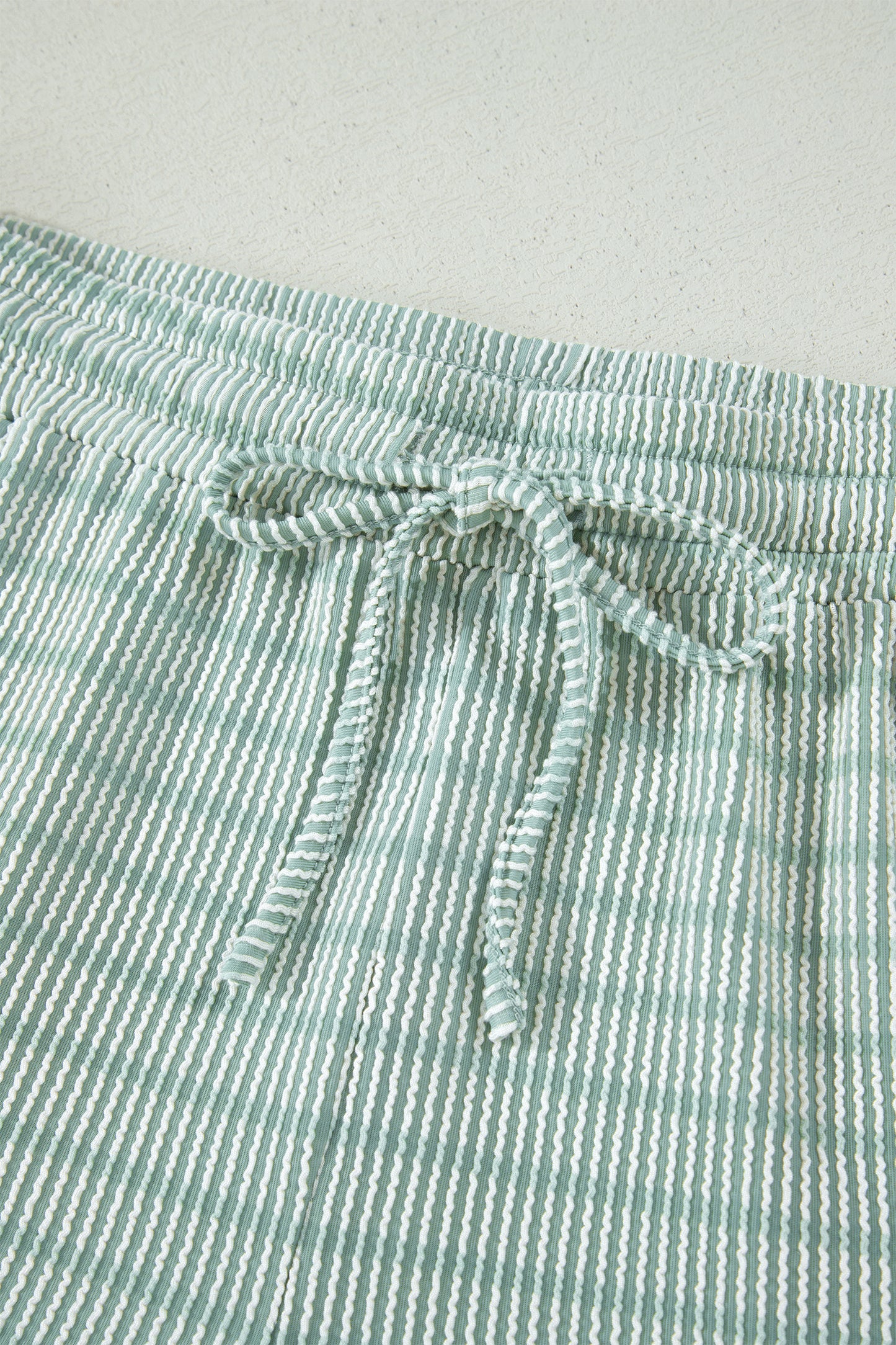 Sky Blue Stripe Raised Rib Loose Tee Drawstring Elastic Waist 2pcs Short Set