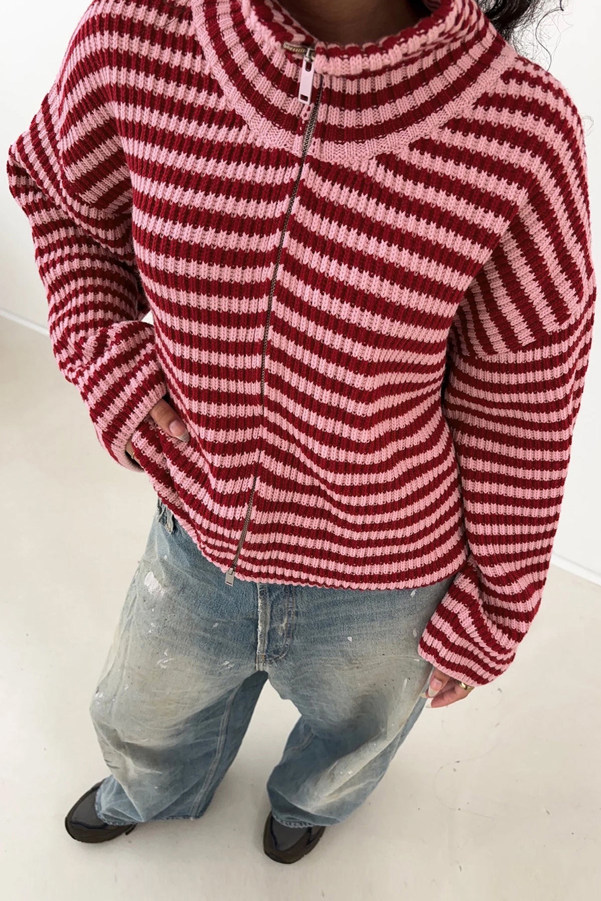 Red Stripe Zip Up Sweater