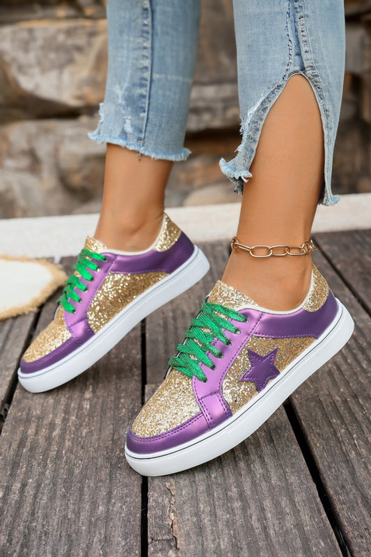 Tillandsia Purple Dearlove Glitter Star Patchwork PU Leather Lace-up Sneakers