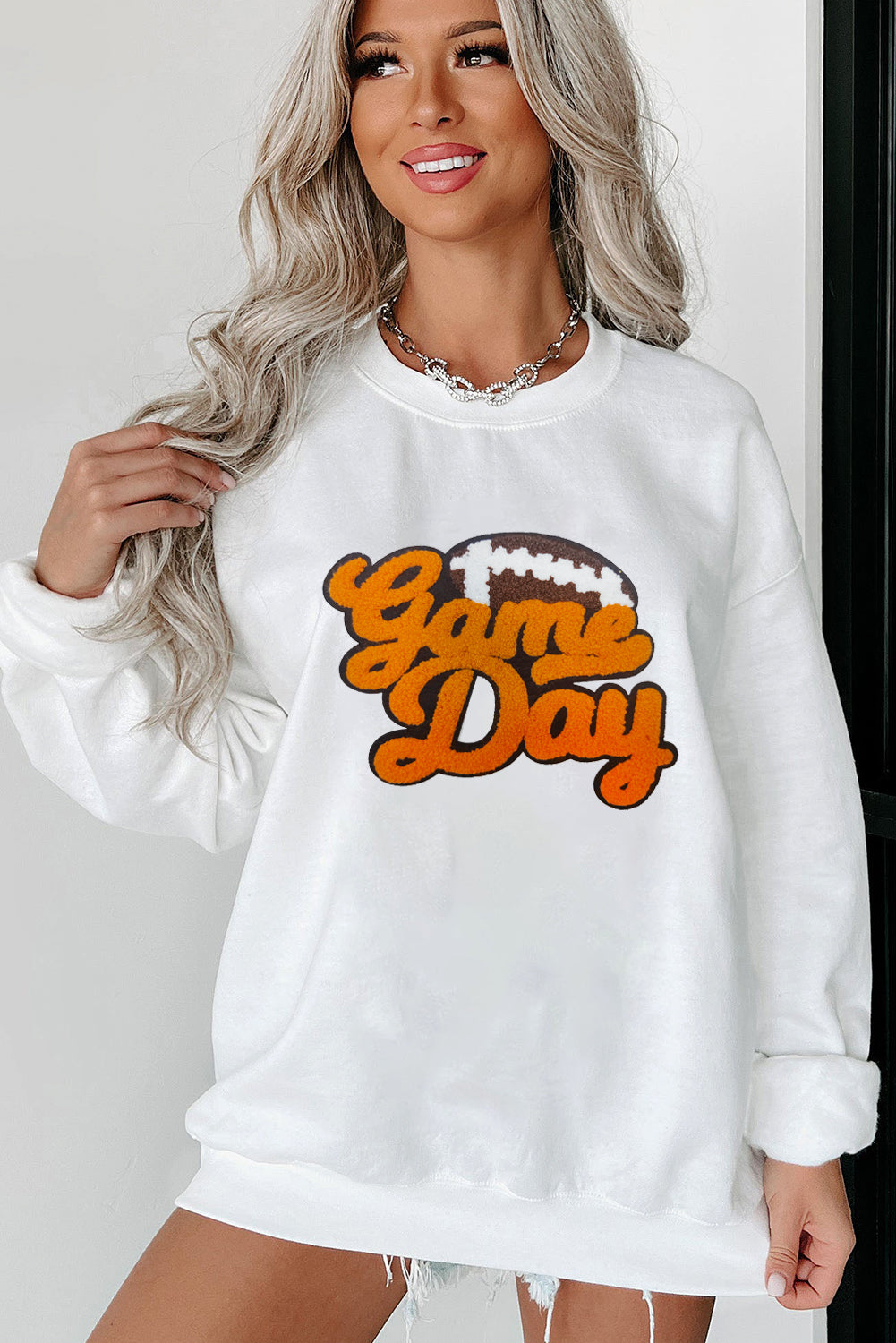 White and Orange Game Day Football Pattern Pullover Sweatshirt