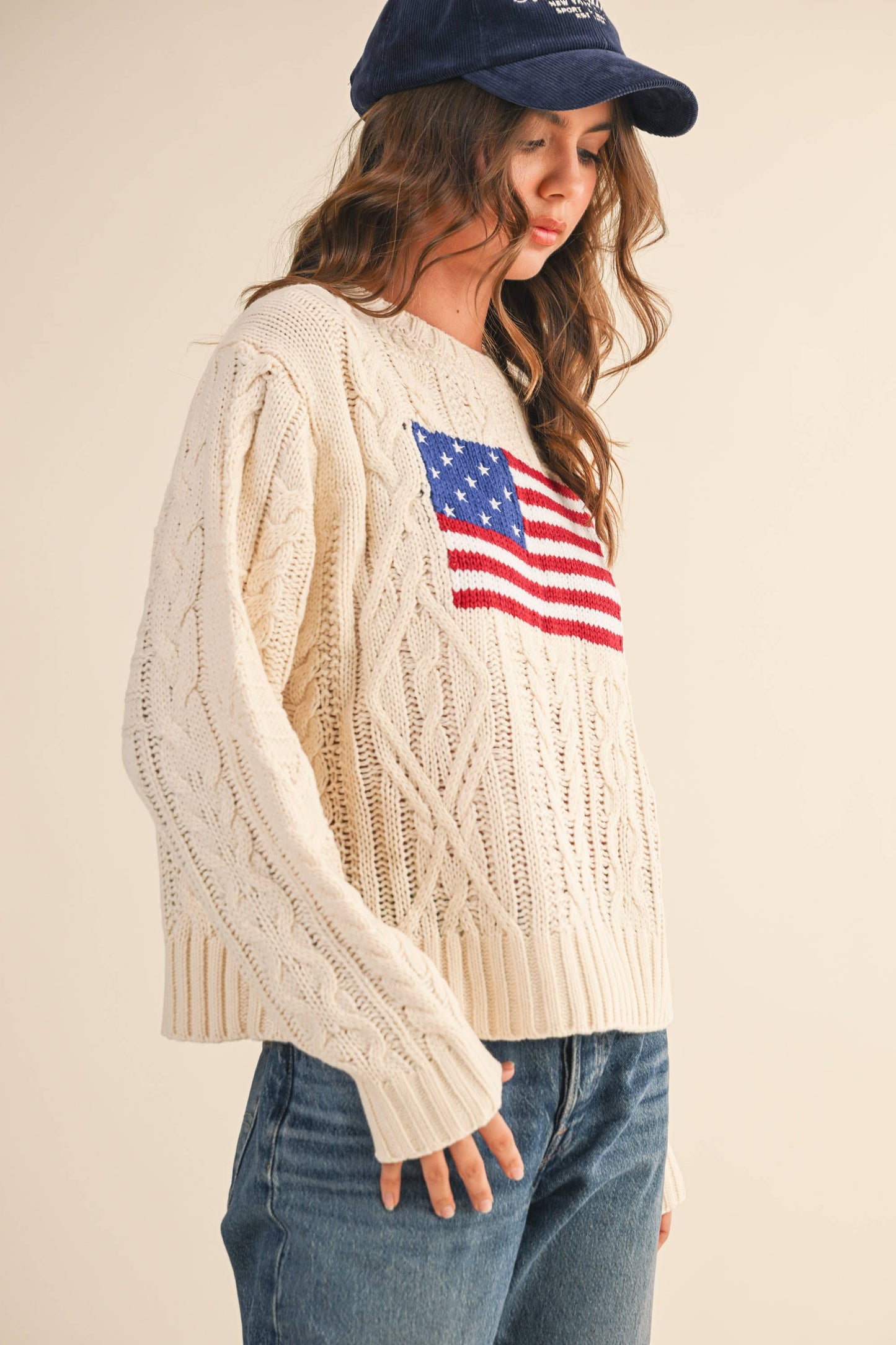 IT4473 USA FLAG CABLE KNIT SWEATER
