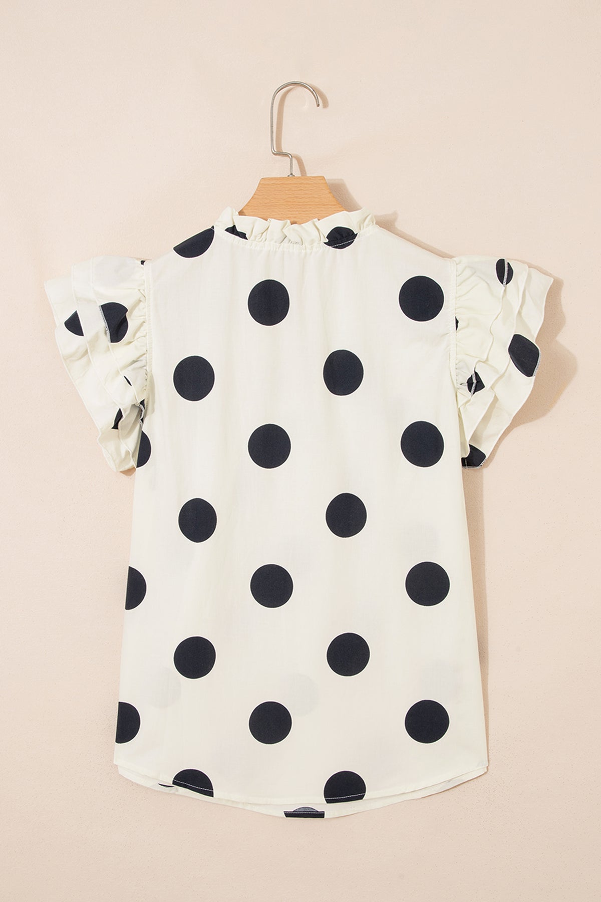 Apricot Casual Polka Dot V-Neck Ruffle Short Sleeve Shift Blouse