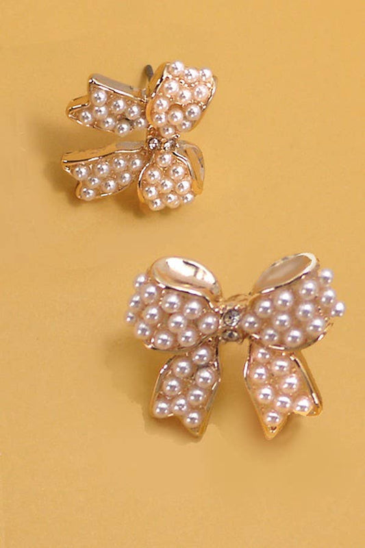 MINI PEARL BOW RIBBON GOLD EARRINGS | 80E5342: Gold