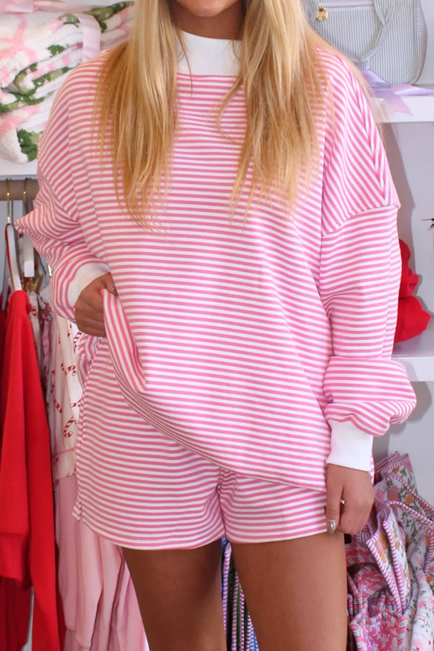 Oversize Striped Mock Neck Sweatshirt and Shorts Set