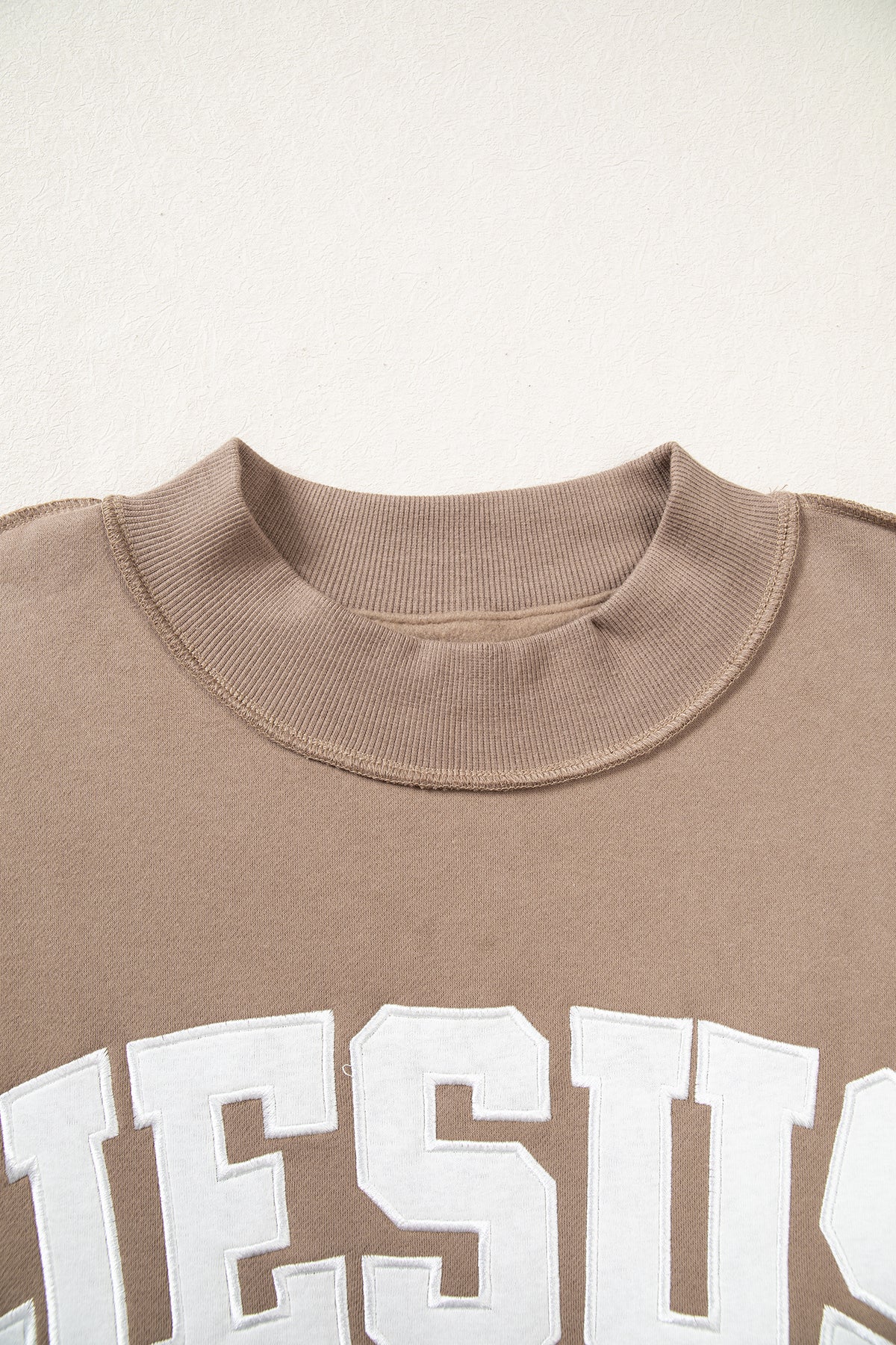 Orchid Bouquet JESUS Letter Patch Graphic Exposed Seam Mock Neck Baggy Sweatshirt