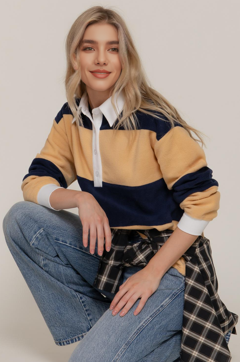 Striped Rugby Fleece Polo Top
