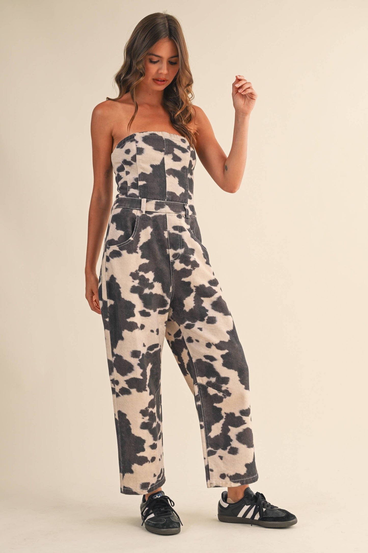 COW PRINT STRAPLESS BARREL PANTS JUMPSUIT