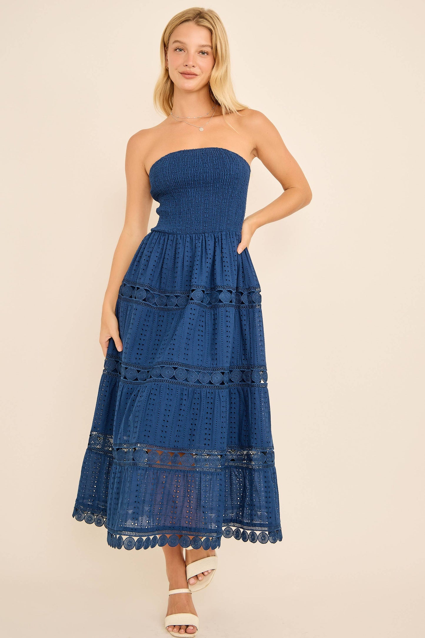 Smocked Eyelet Maxi Dress – Boho Summer Strapless