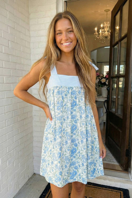 LAS Floral Stripe Patchwork Bow Knot Strap Mini Dress (S-XL)