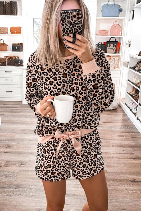Leopard long sleeve shorts pajamas set: LEOPARD / 2-2-2 / S-M-L