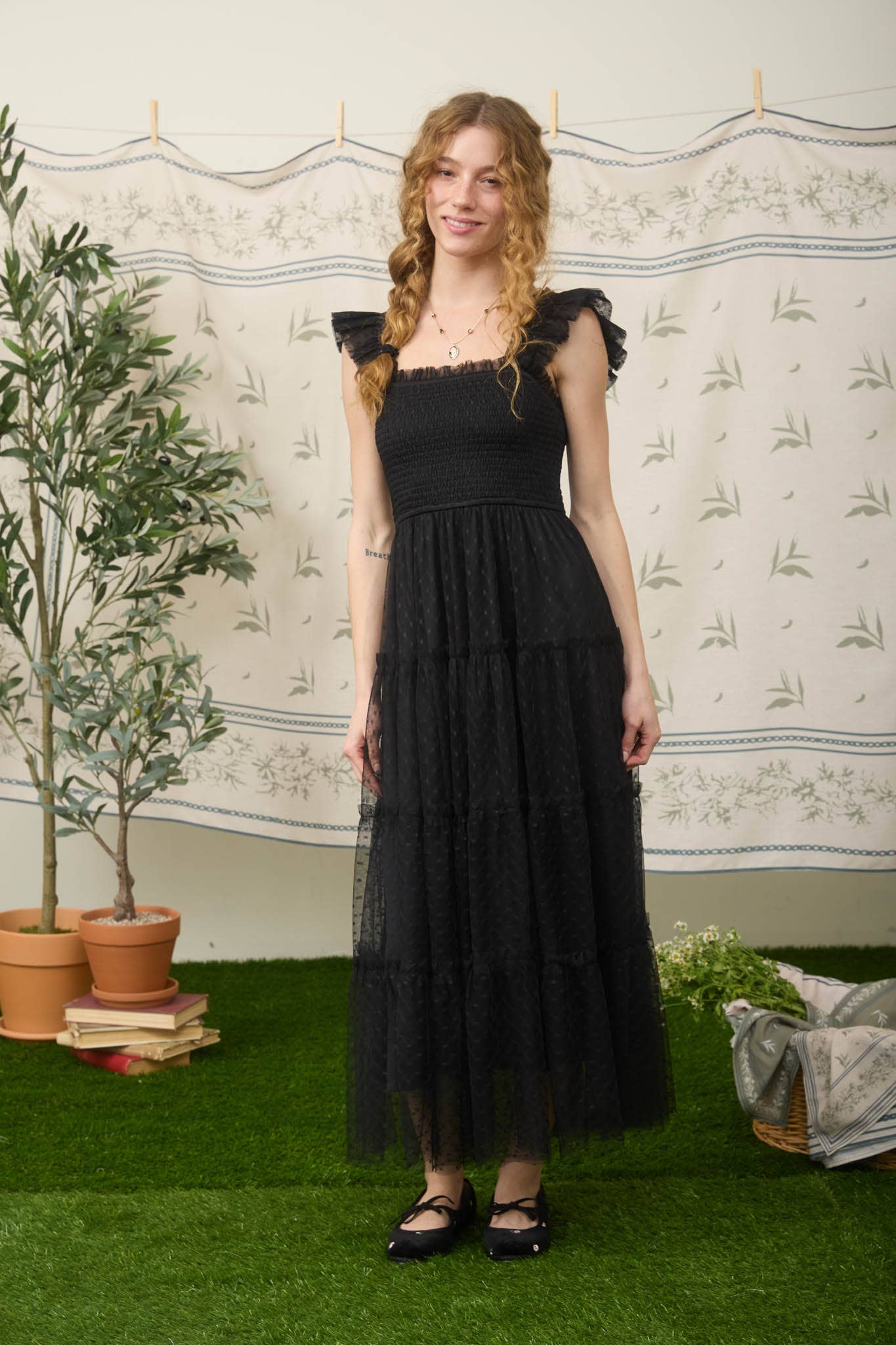 POLKA DOT CHIFFON SMOCKED TIERED MIDI DRESS