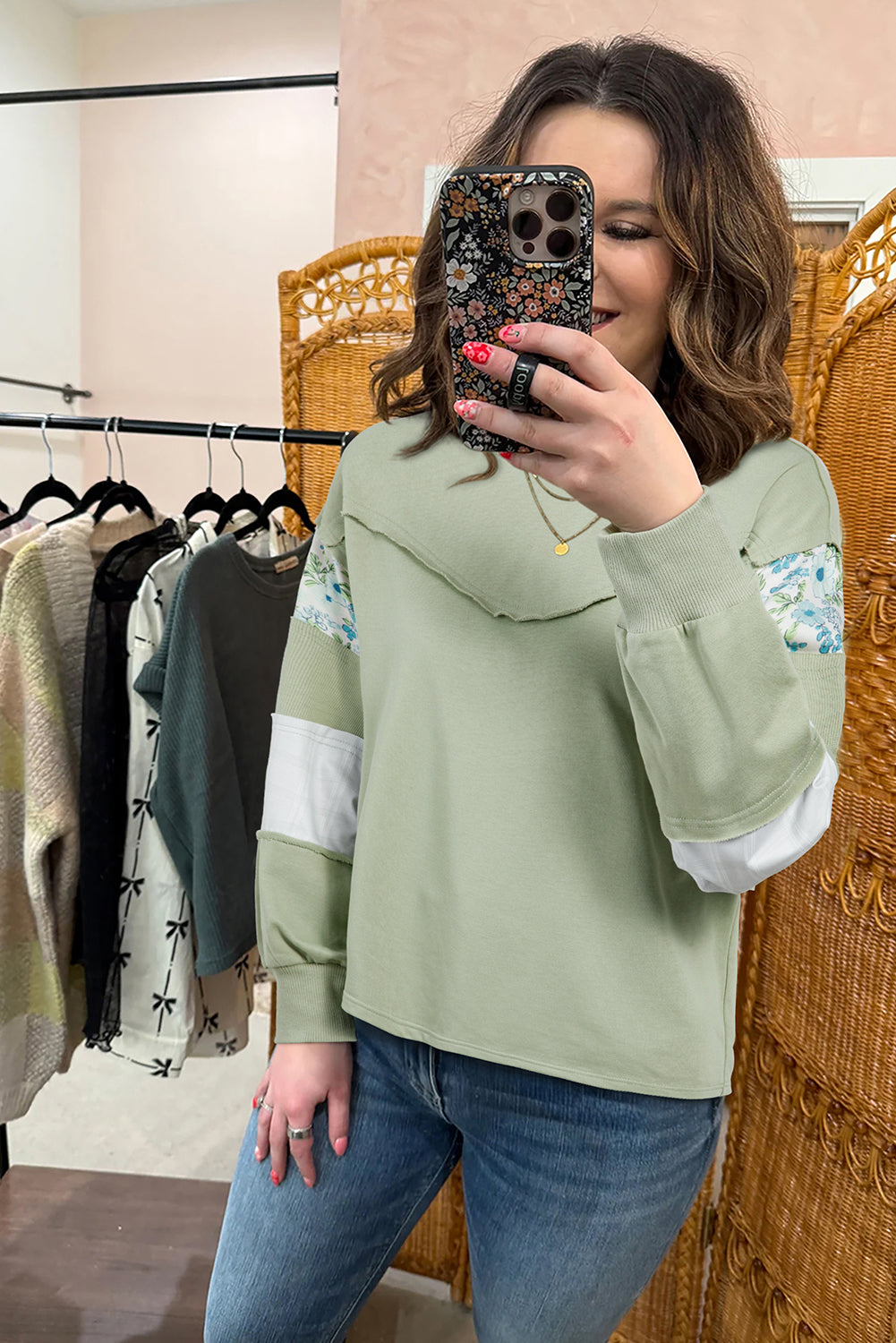 Laurel Green Floral Plaid Mixed Sleeve Raw Edge Relaxed French Terry Top