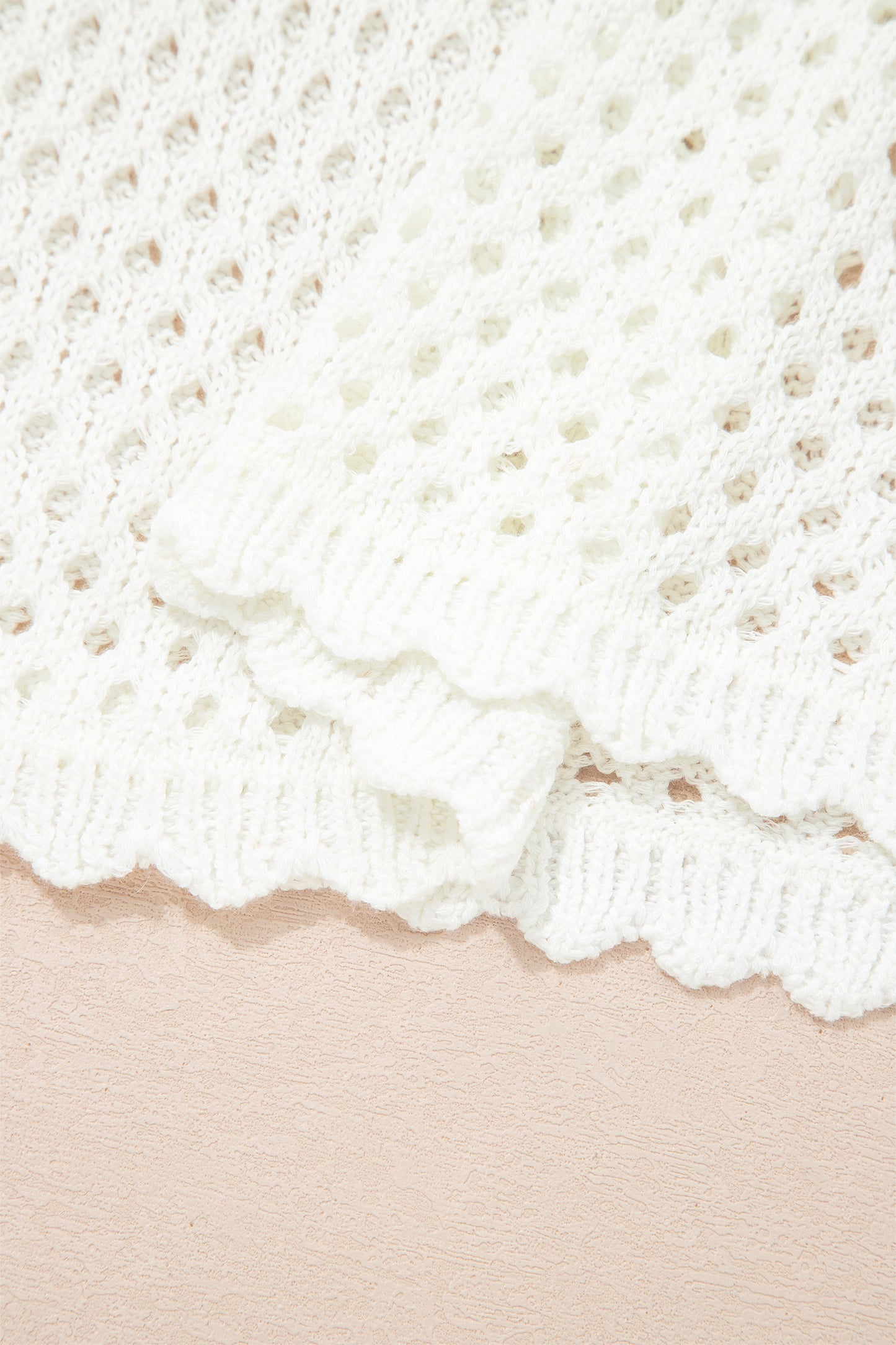 Yellow Cream Scalloped Trim Hollow Out Knit Long Sleeve Top