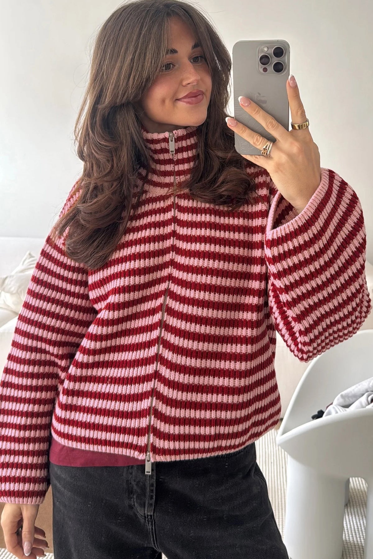 Red Stripe Zip Up Sweater