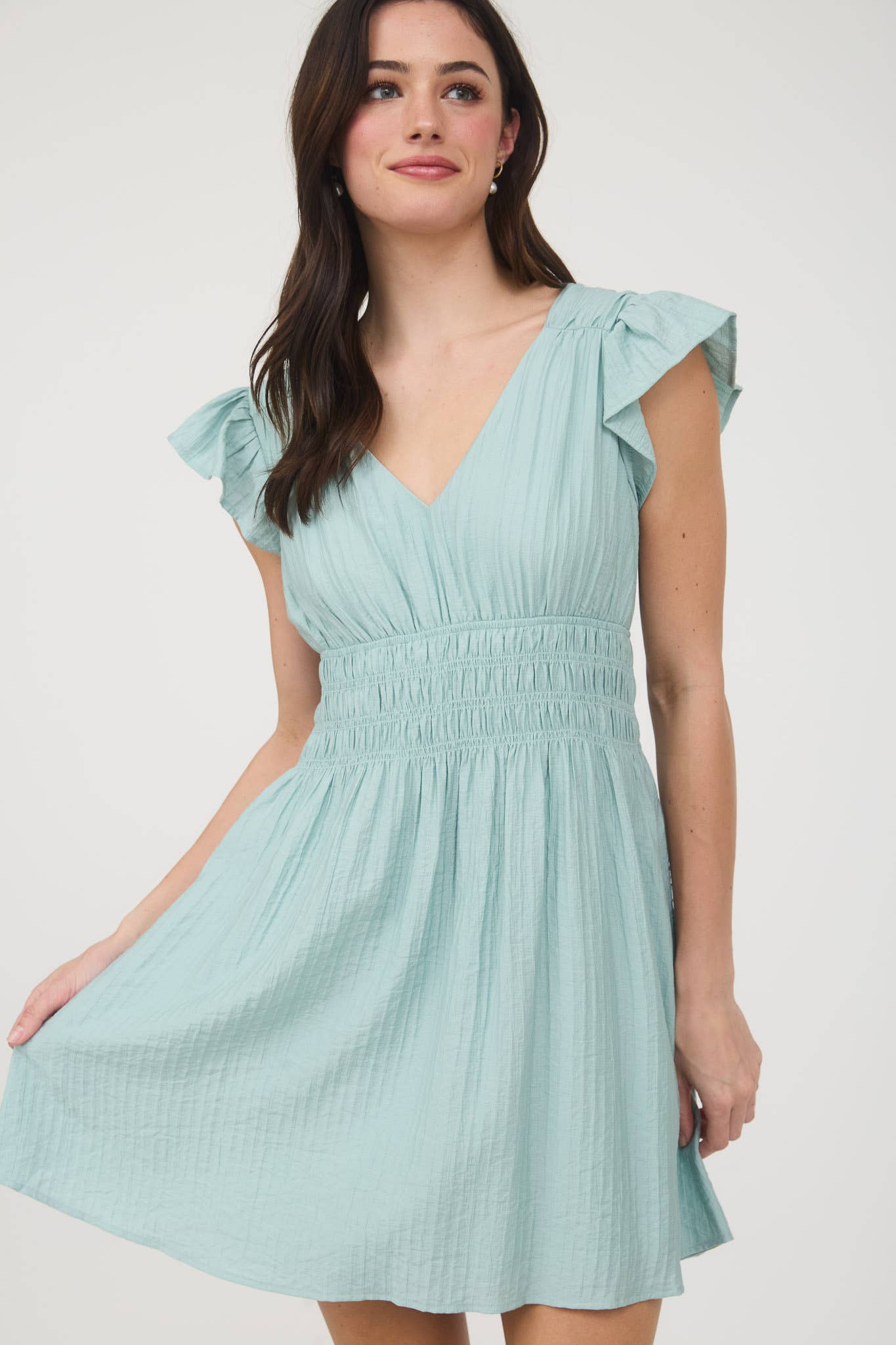 V NECK SHIRRED WAIST RUFFLE SLEEVE MINI DRESS