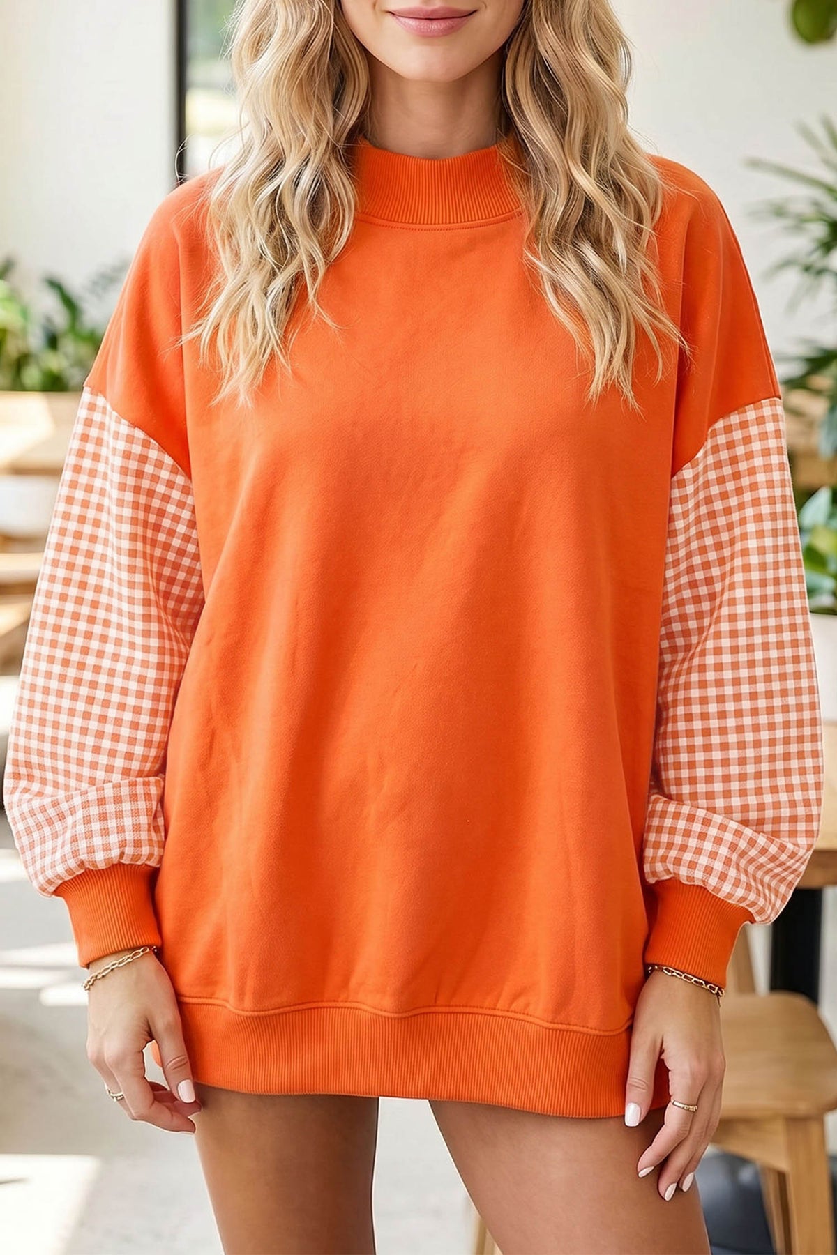 Navy Blue Plaid Sleeve Colorblock Loose Tunic Sweatshirt