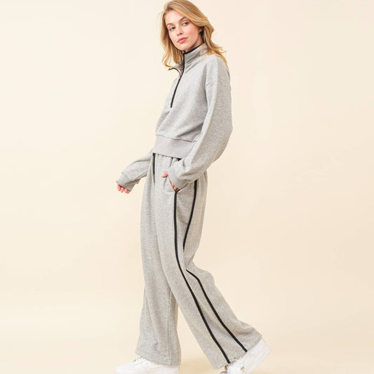 Striped Sweat Set w/ Quarter Zip Sweatshirt and Pants: DK.H.GREY/BLACK / L