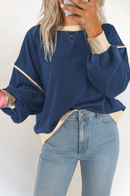 Navy Blue Drop Shoulder Pullover Sweatshirt