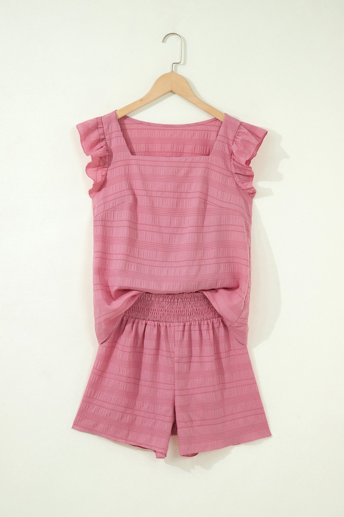 Black Textured Square Neck Top and Shirred High Waist Shorts Set