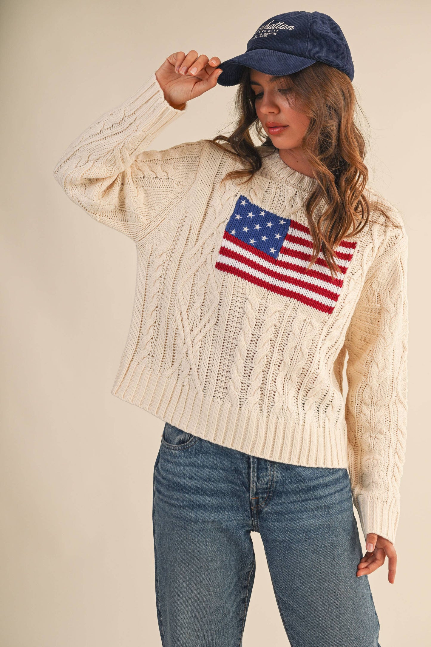 IT4473 USA FLAG CABLE KNIT SWEATER