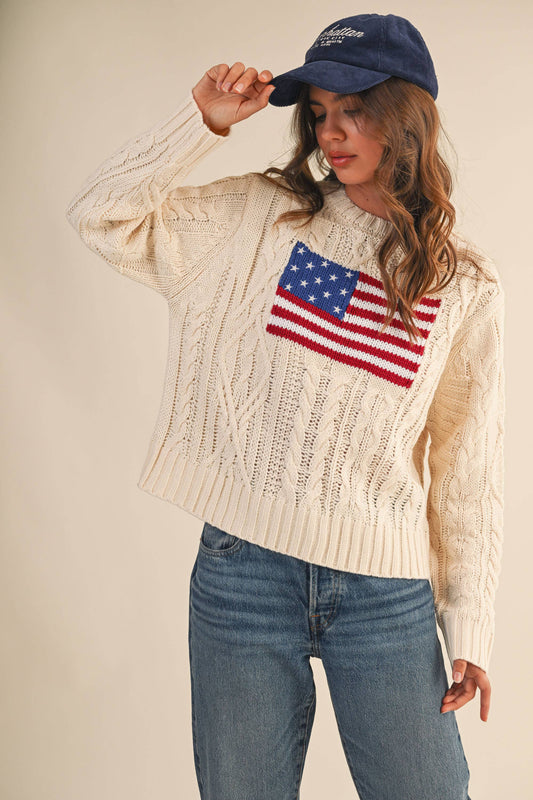 IT4473 USA FLAG CABLE KNIT SWEATER