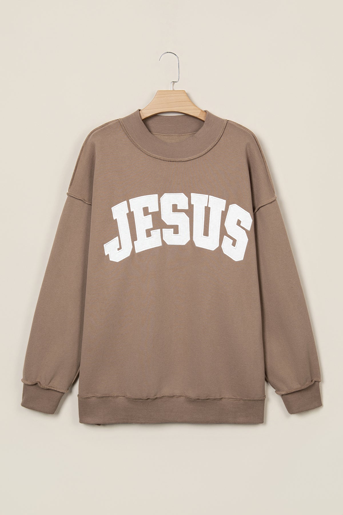 Orchid Bouquet JESUS Letter Patch Graphic Exposed Seam Mock Neck Baggy Sweatshirt
