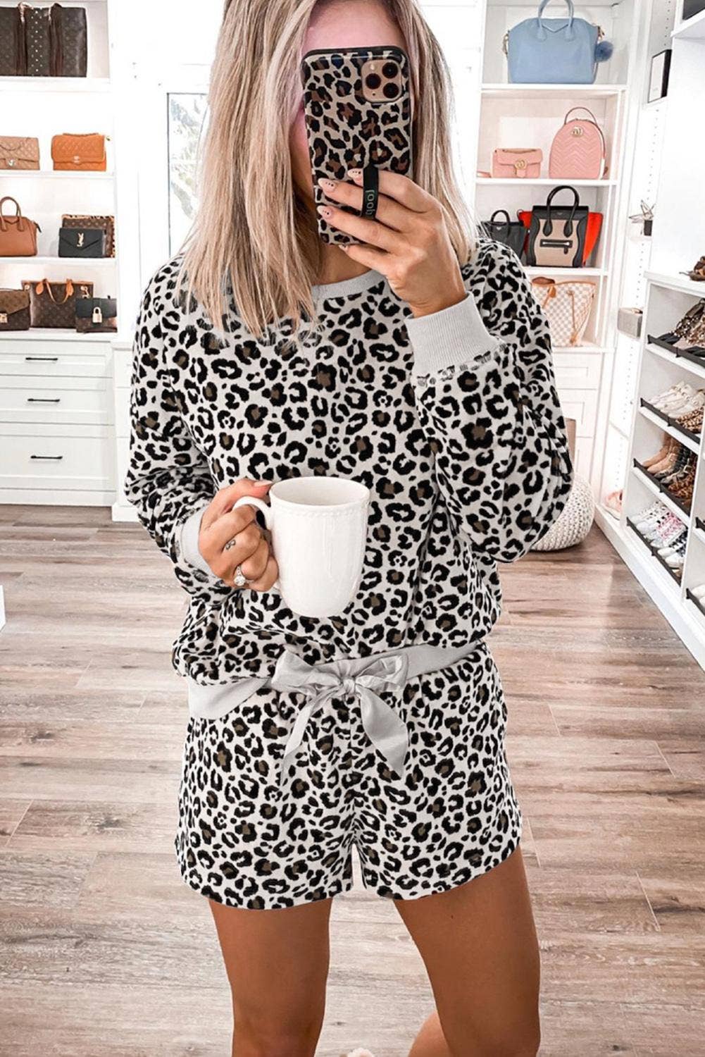 Leopard long sleeve shorts pajamas set: LEOPARD / 2-2-2 / S-M-L