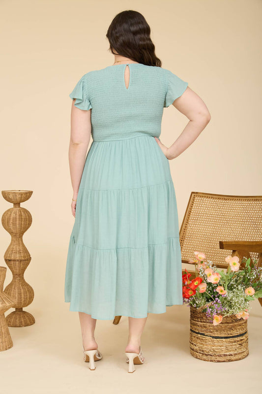 PLUS TIERED SMOCKED SHORT SLEEVE MIDI DRESS