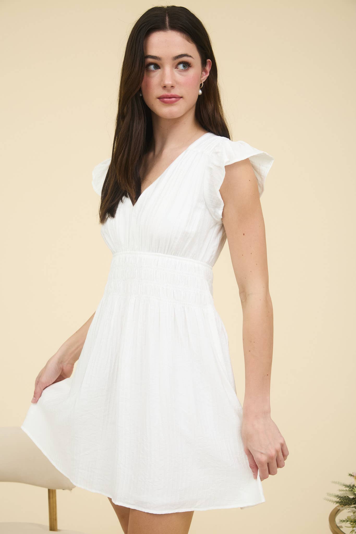 V NECK SHIRRED WAIST RUFFLE SLEEVE MINI DRESS