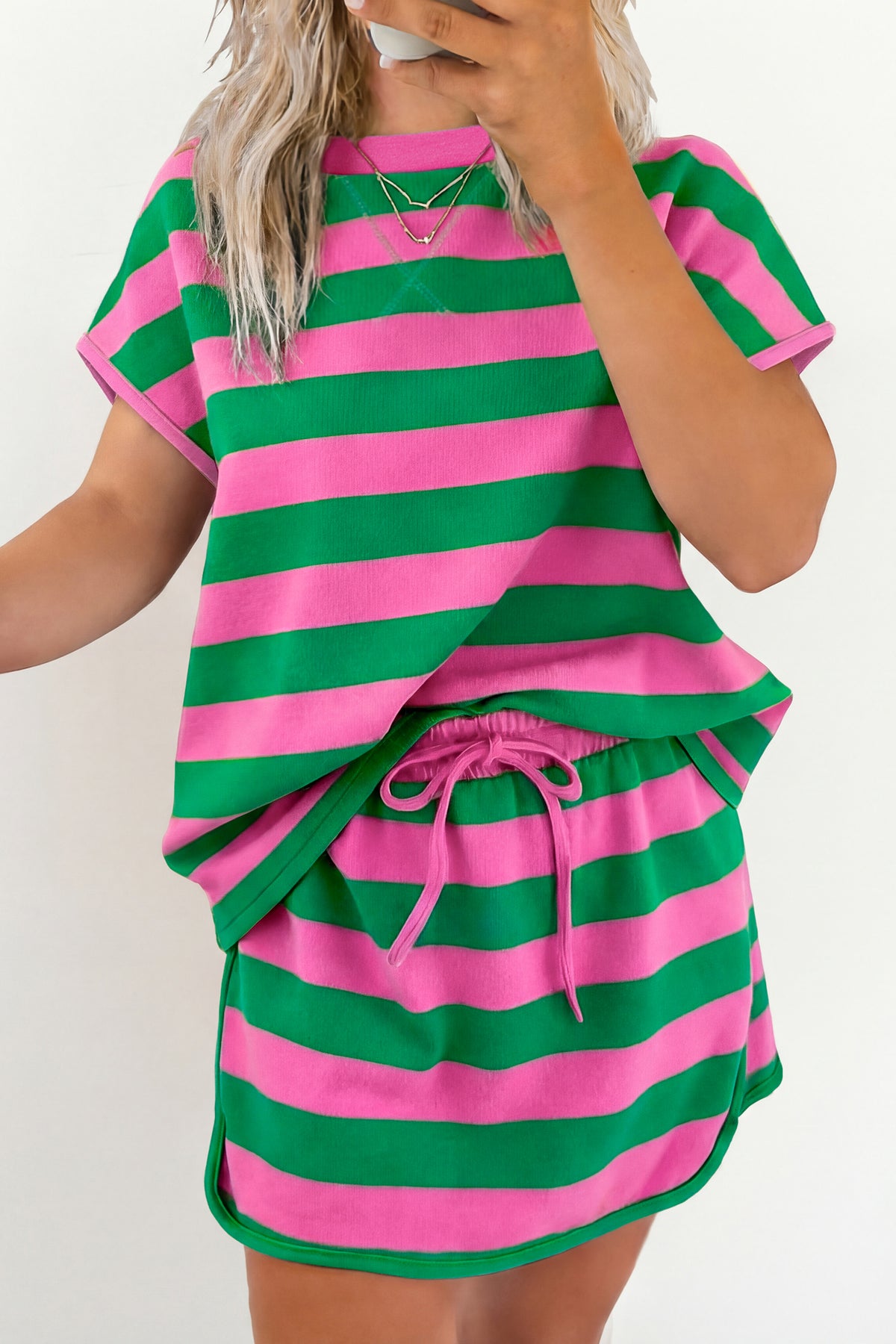 Pink Stripe Dolman Tee Drawstring Skort Athletic 2pcs Set