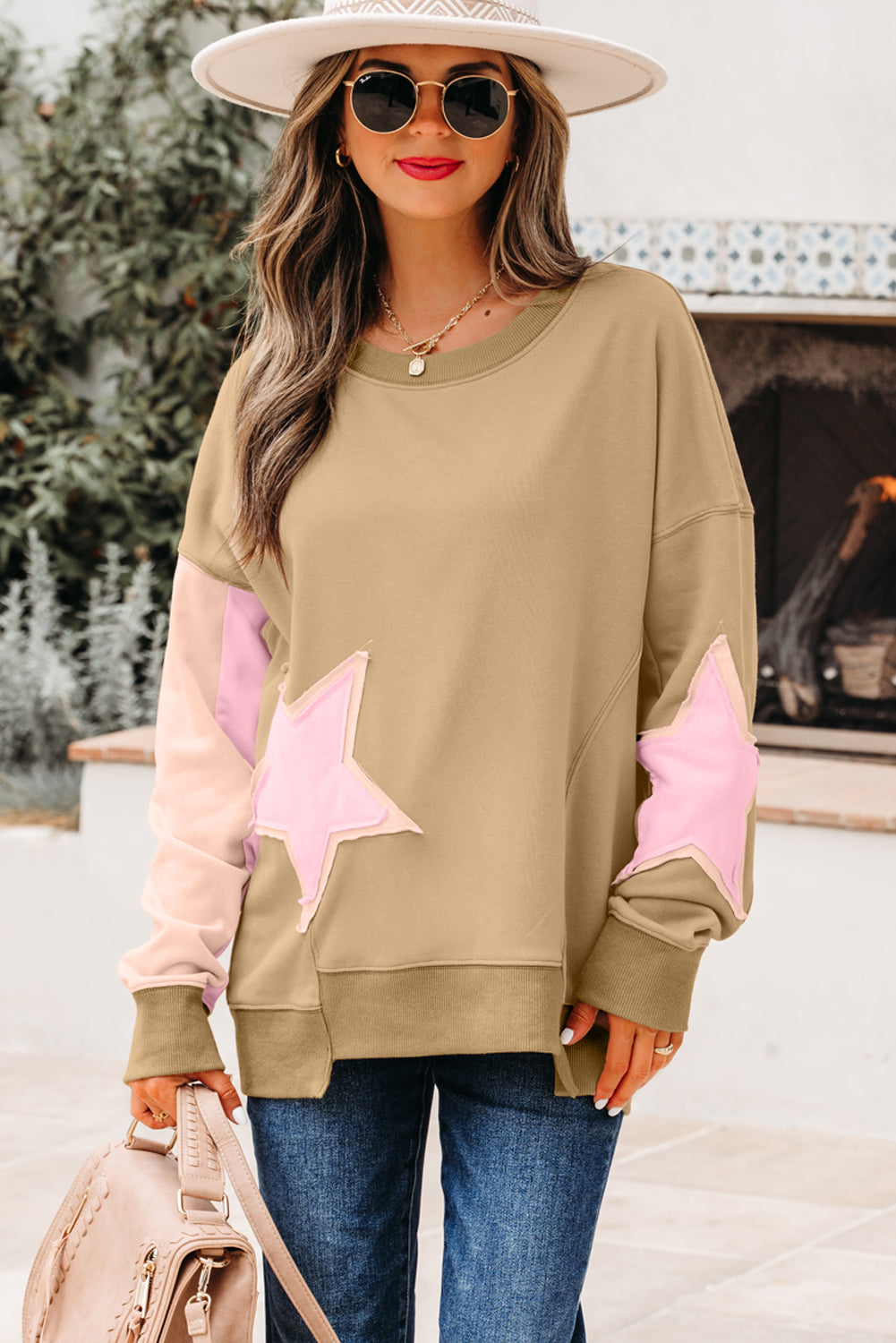 Rose Pink Contrast Star Patchwork Exposed Seam Uneven Hem Drop Shoulder Sweatshirt