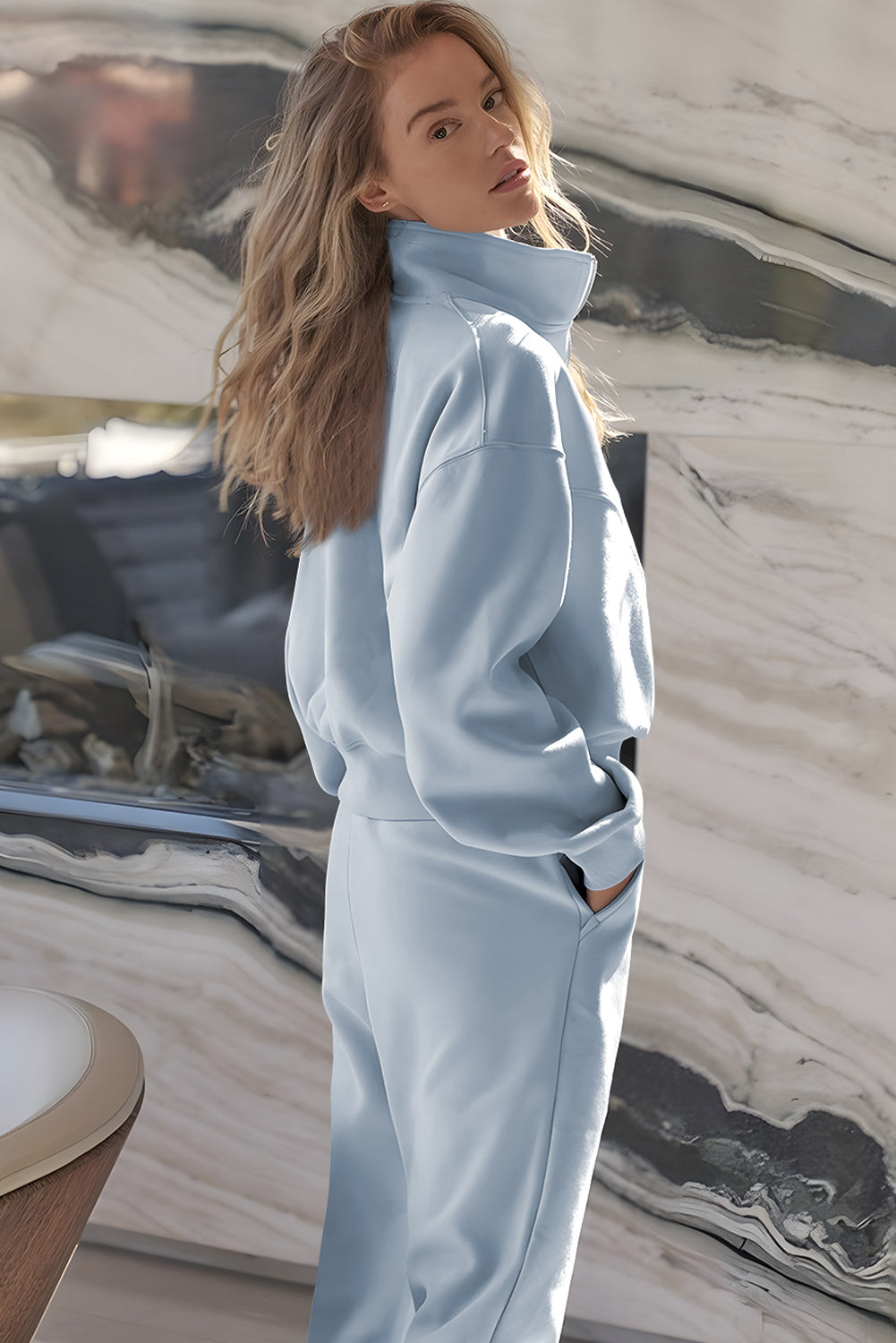 Sky Blue Half Zip up Pullover Active Top and Joggers Set