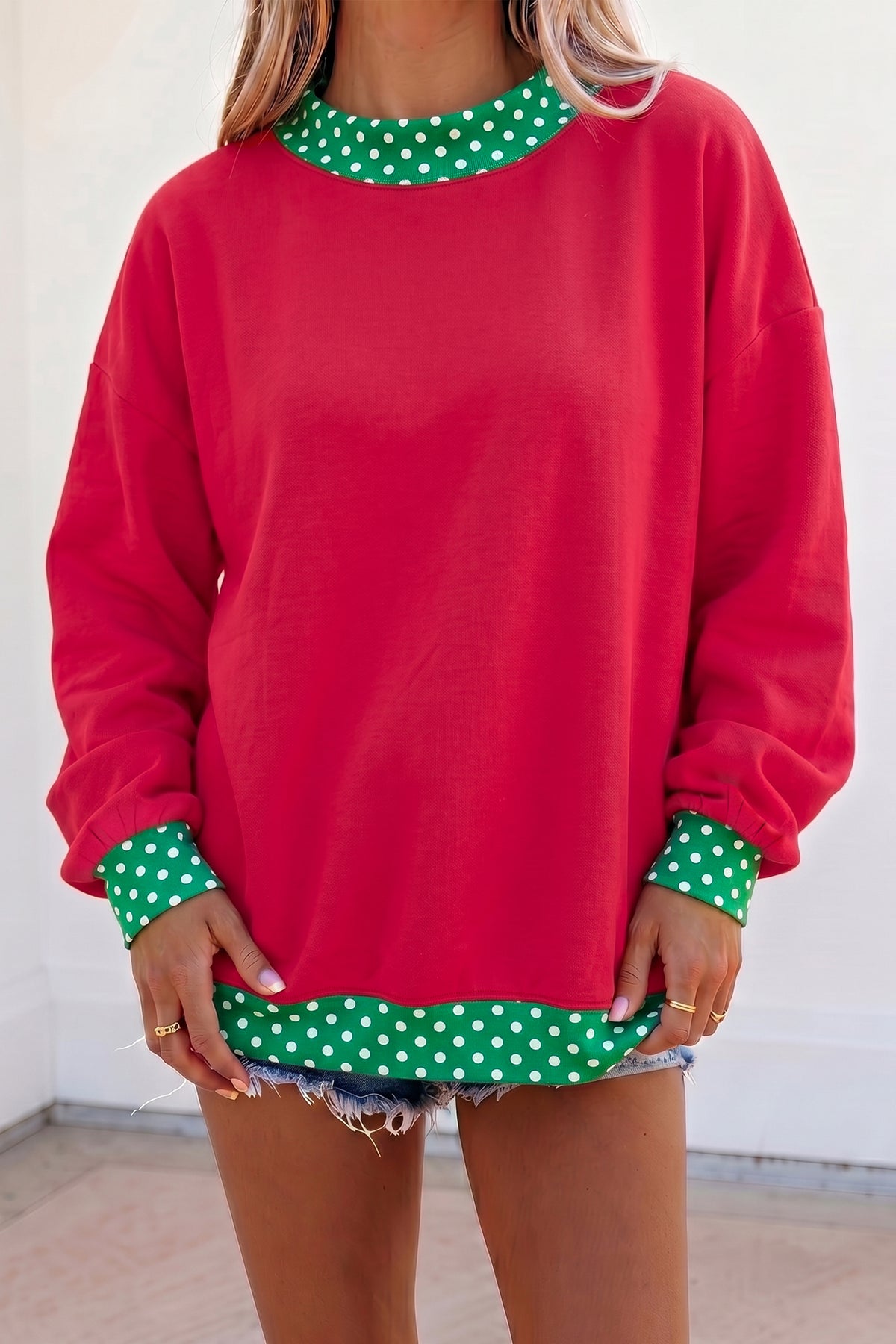 Dark Blue Colorblock Polka Dot Contrast Trim Oversized Sweatshirt
