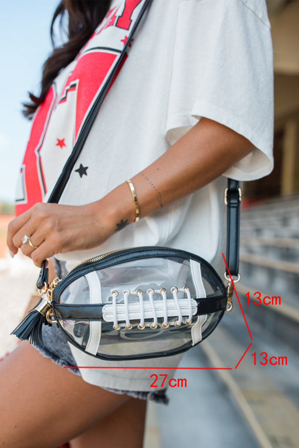 Black Football Contrast Trim Fringe Clear Shoulder Bag